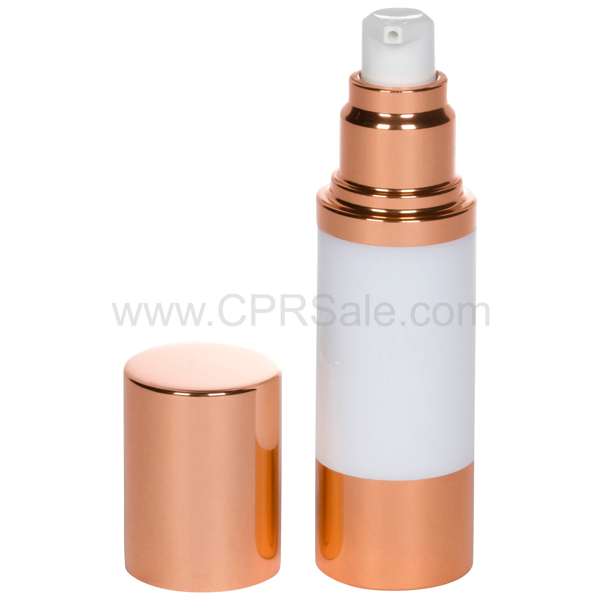 Airless Bottle, Rose Gold Cap, Rose Gold Collar, White Body, 30 mL