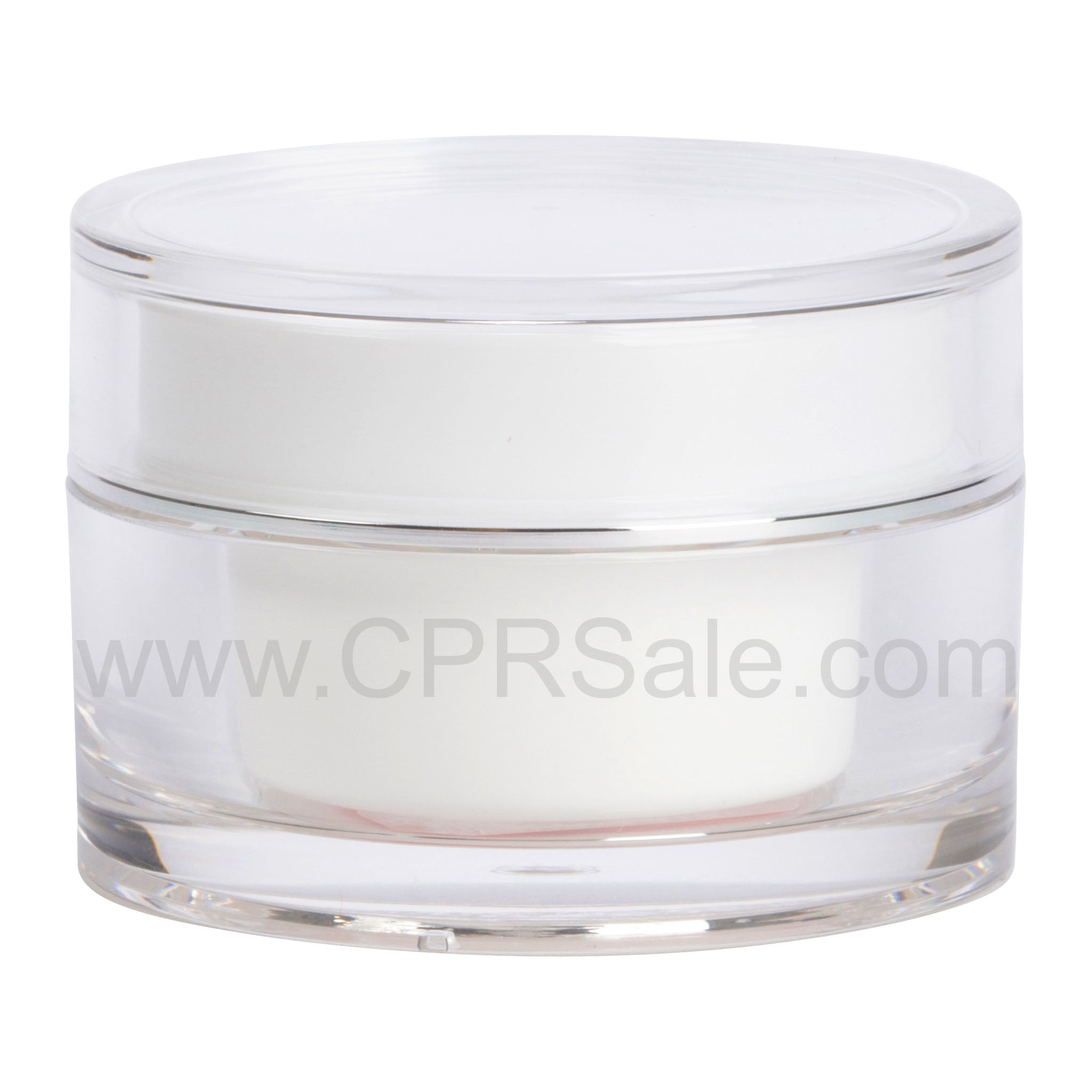 Jar, Acrylic, Straight Sided, Round, Clear Outer, White PP Inner Cup, Shiny Silver Band on Cap, 50 mL