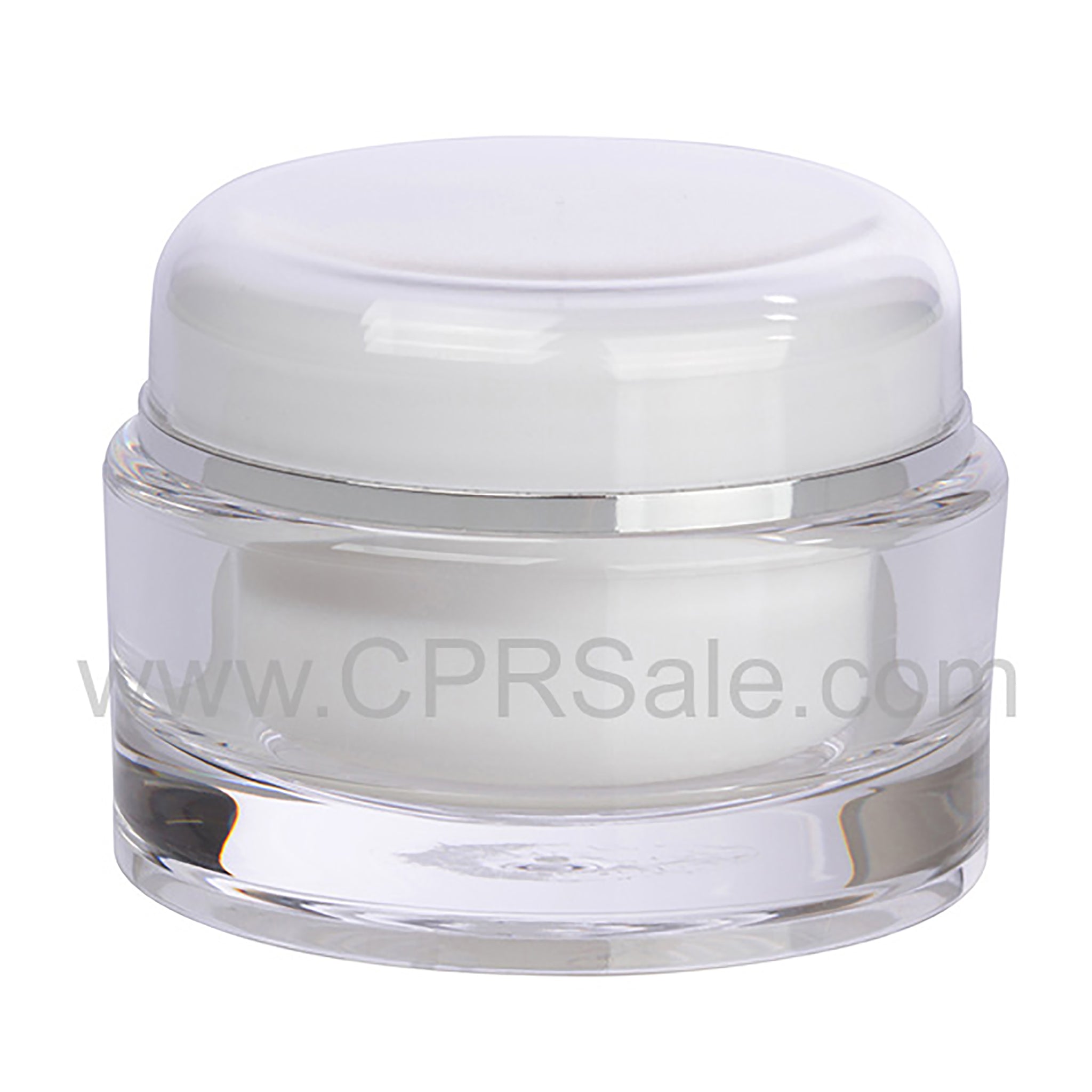 Jar, Acrylic, Round, White/Clear with Silver Band, 50mL