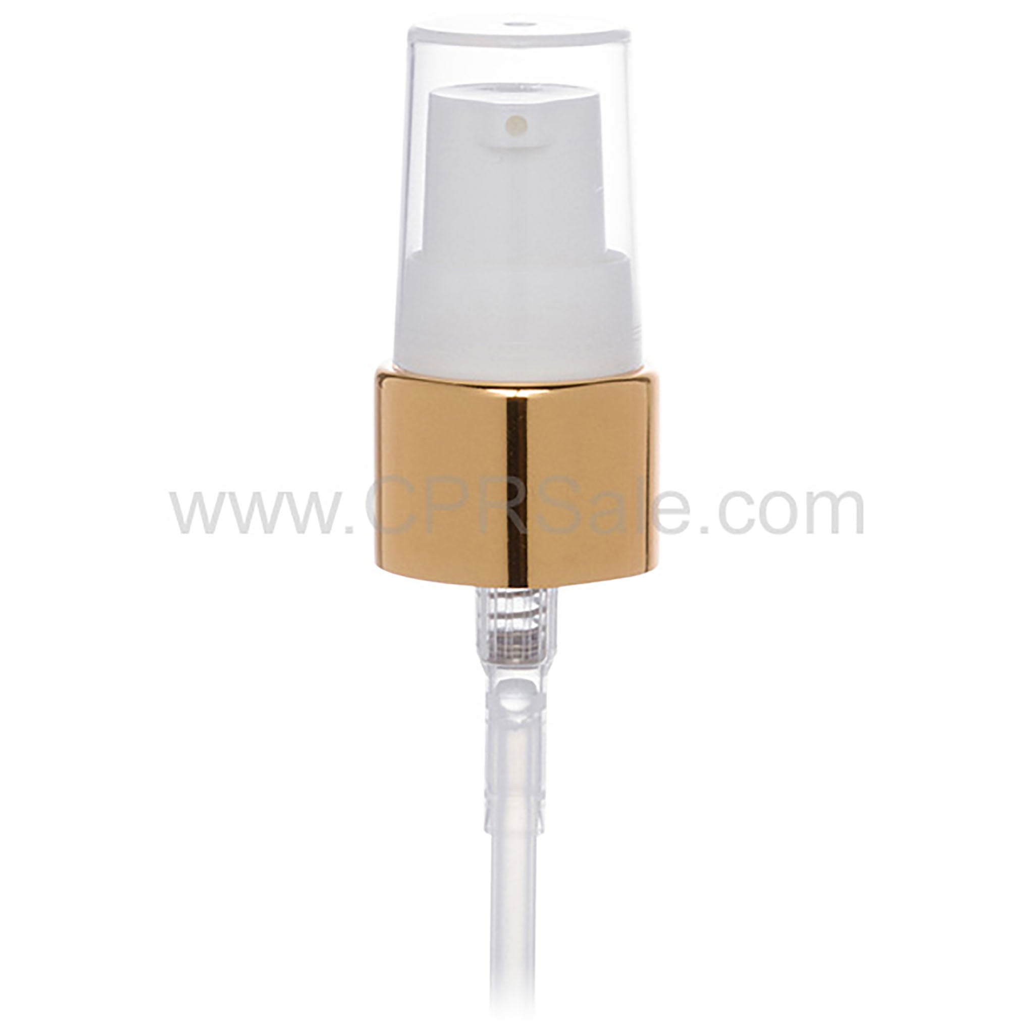 Pump, 24/410, Treatment, Shiny Gold Collar, White Actuator, Clear PP Hood, Dip tube Length: 6.5 in