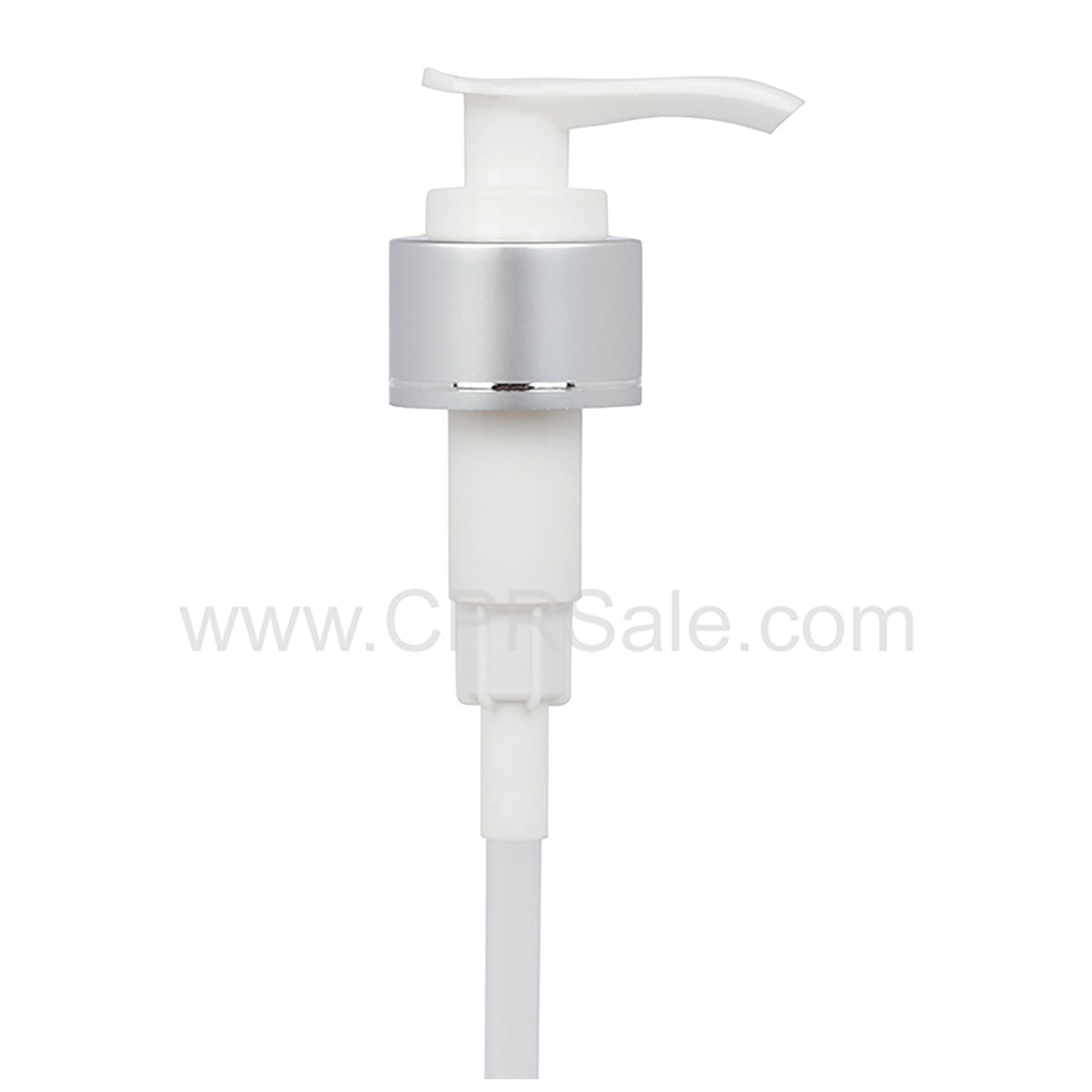 Pump, 24/410, Matte Silver with Shiny Silver Band, 2cc. White Saddle Head, Diptube Length = 9 inches