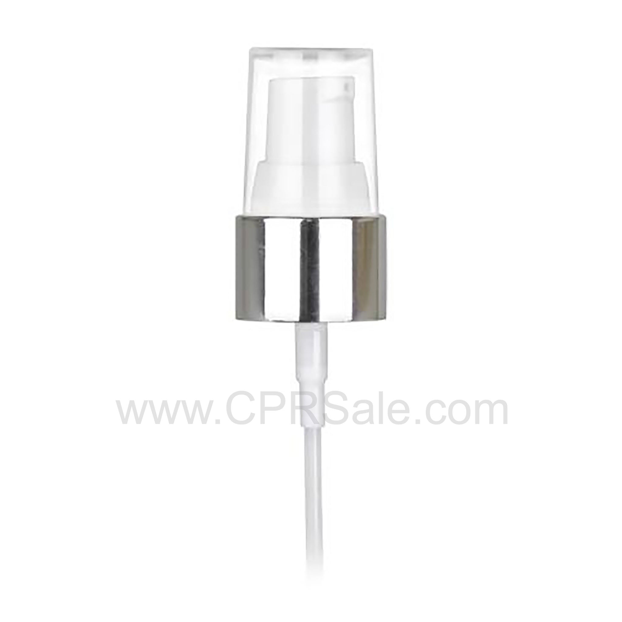 Pump, 24/410, Treatment, Shiny Silver Collar, White Actuator, Clear PP Hood, Dip tube Length: 6.5 in