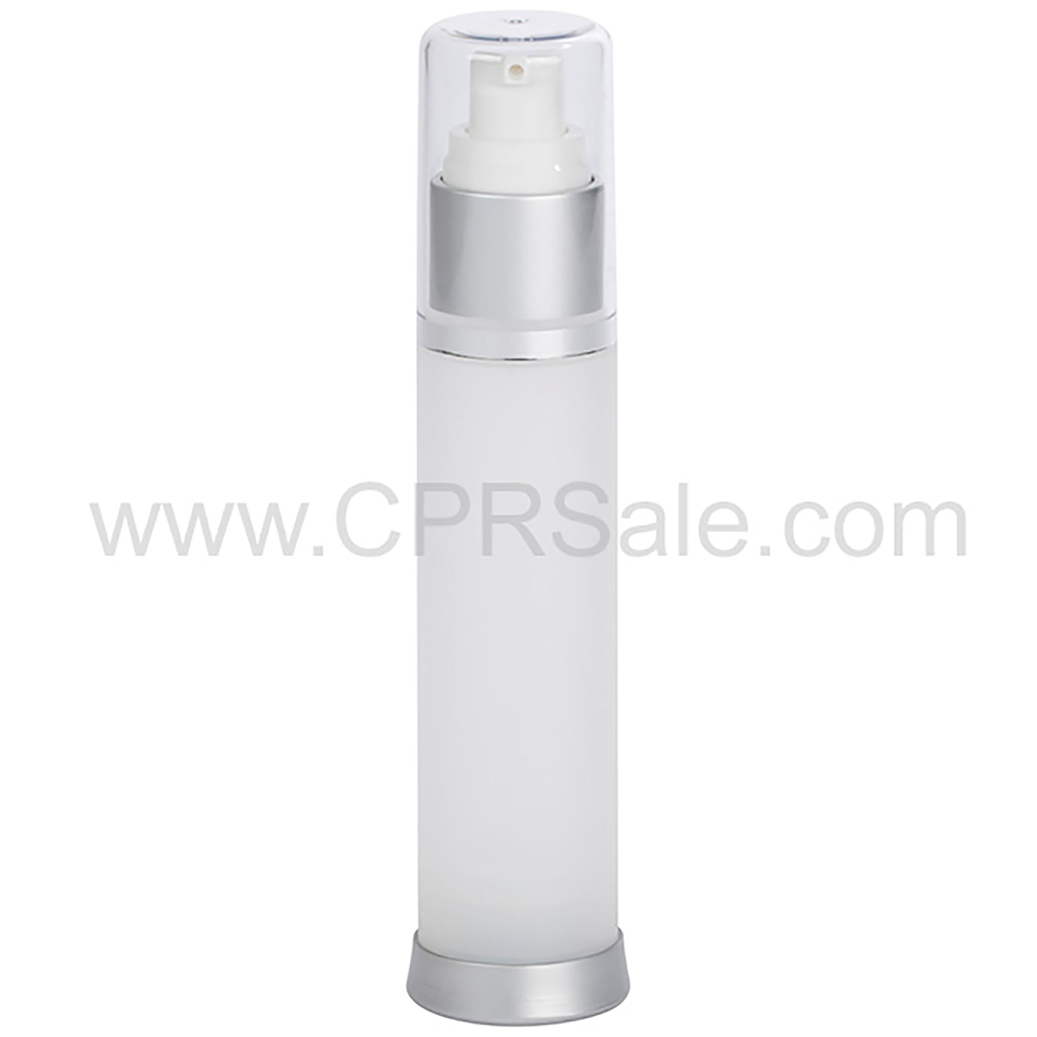 Airless Bottle, Clear Cap, Matte Silver Collar, Frosted Body, 50mL
