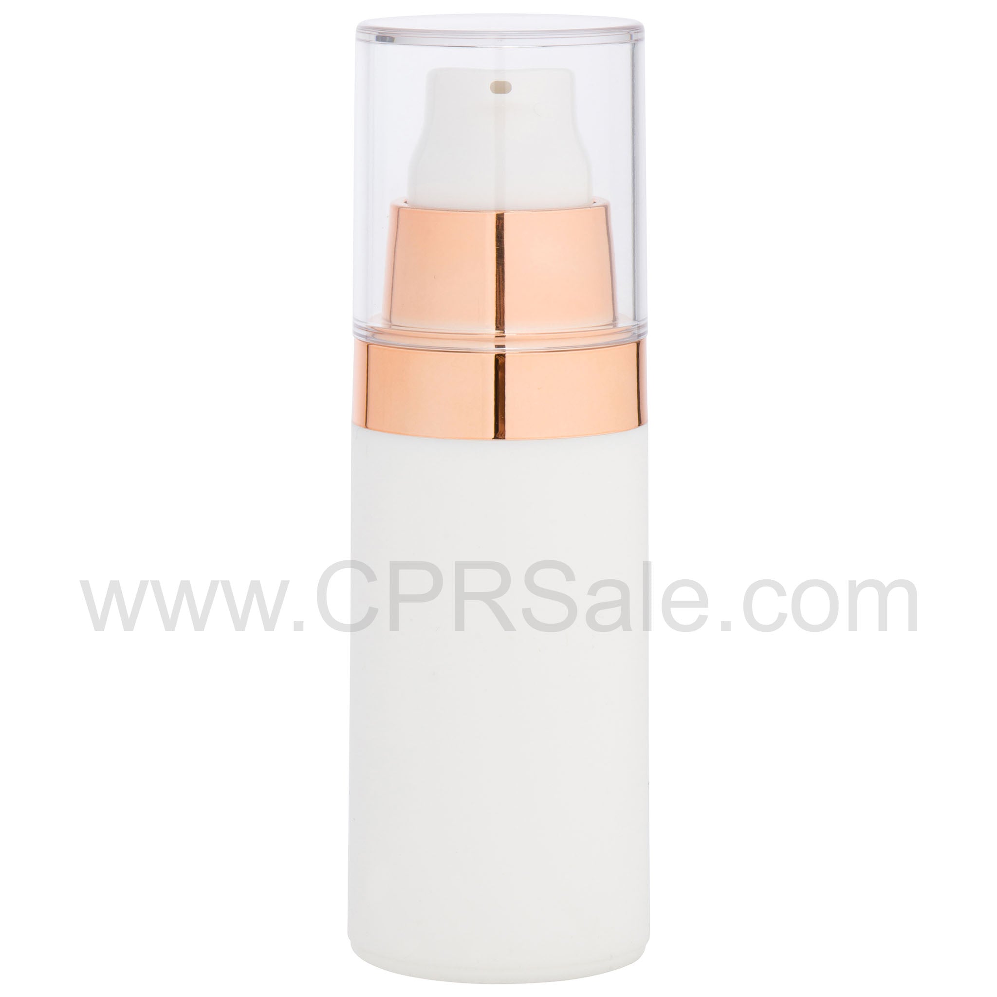 Airless Bottle, Clear Cap, Shiny Rose Gold Collar, Matte White Body, 30 mL