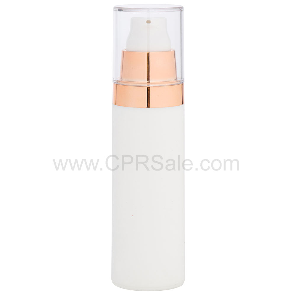 Airless Bottle, Clear Cap, Shiny Rose Gold Collar, Matte White Body, 50 mL