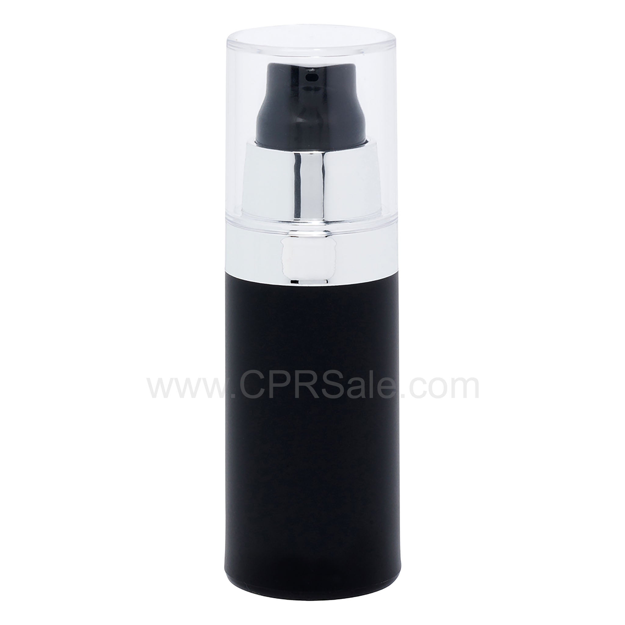Airless Bottle, Clear Cap, Shiny Silver Collar, Matte Black Body, 30mL