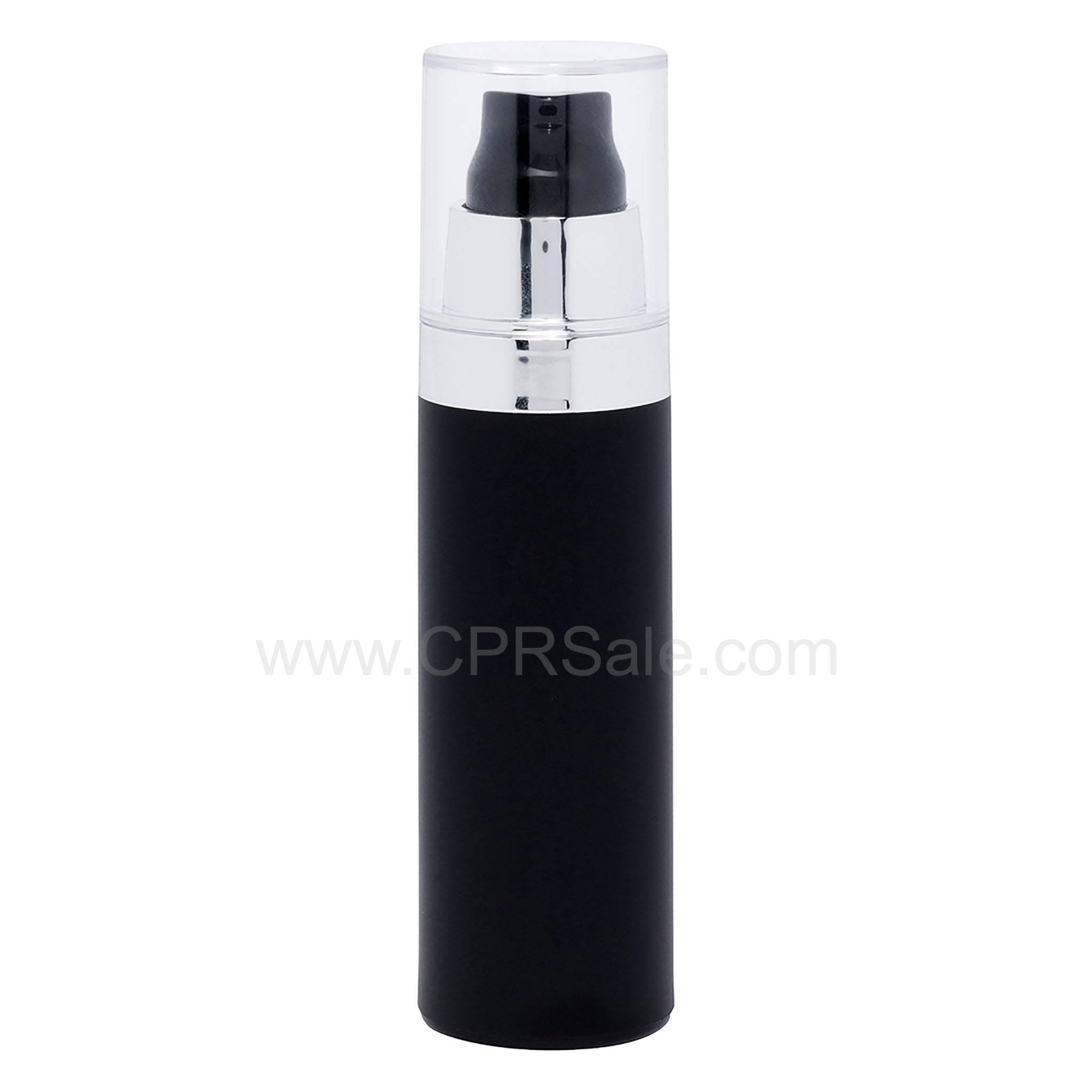Airless Bottle, Clear Cap, Shiny Silver Collar, Matte Black Body, 50mL