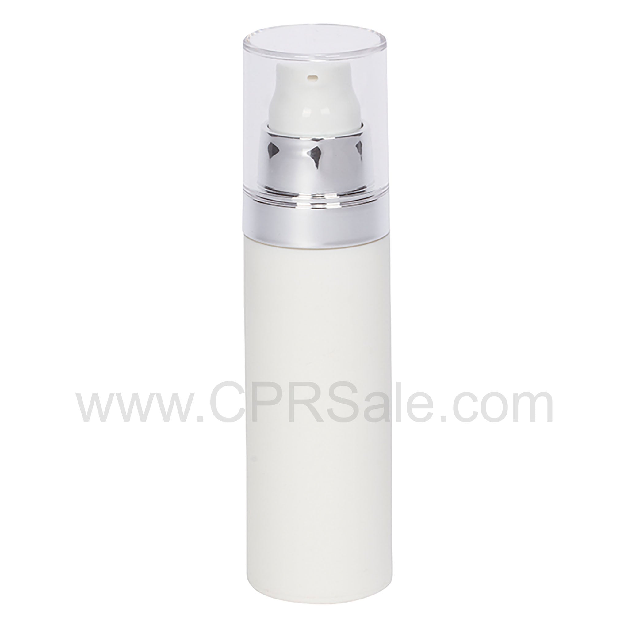 Airless Bottle, Clear Cap, Shiny Silver Collar, Matte White Body, 50mL