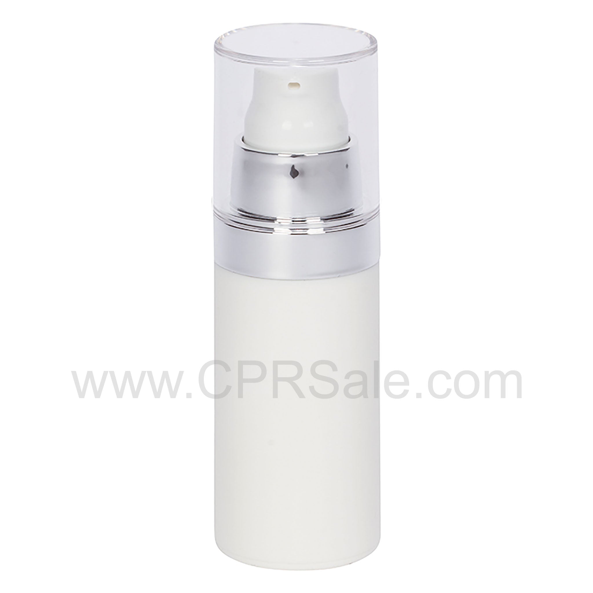 Airless Bottle, Clear Cap, Shiny Silver Collar, Matte White Body, 30mL
