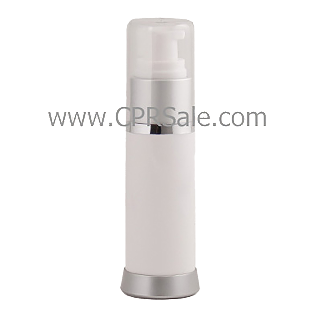 Airless Bottle, Clear Cap, Matte Silver Collar, White Body, 30 mL