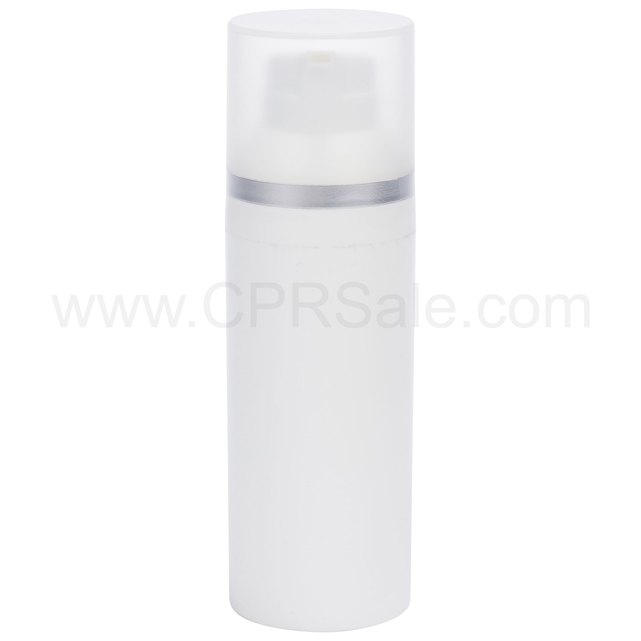 Airless Bottle, Frosted Cap with Matte Silver Band, White Collar, White Body, 50mL