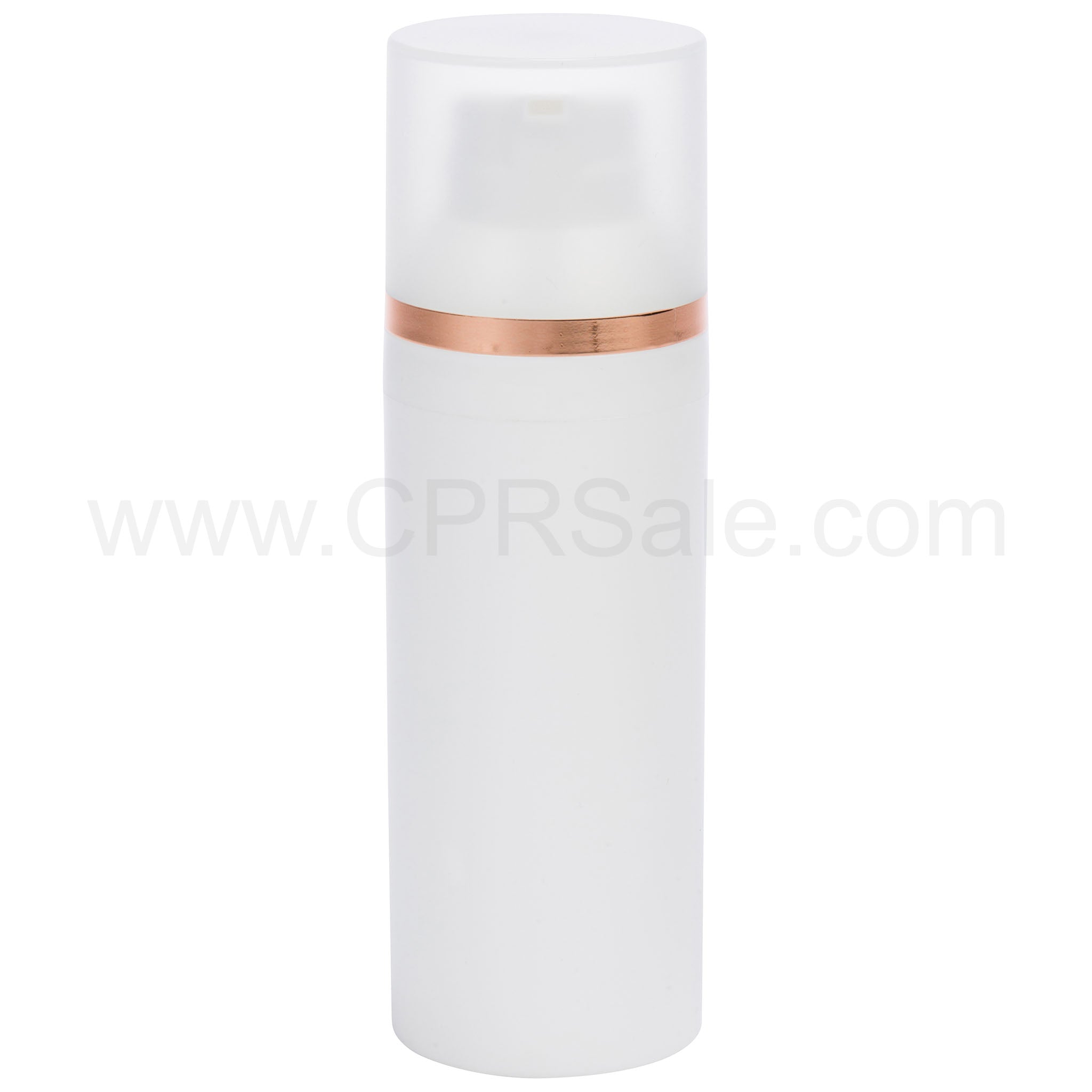 Airless Bottle, Frosted Cap with Shiny Rose Gold Band, White Collar, White Body, 30mL