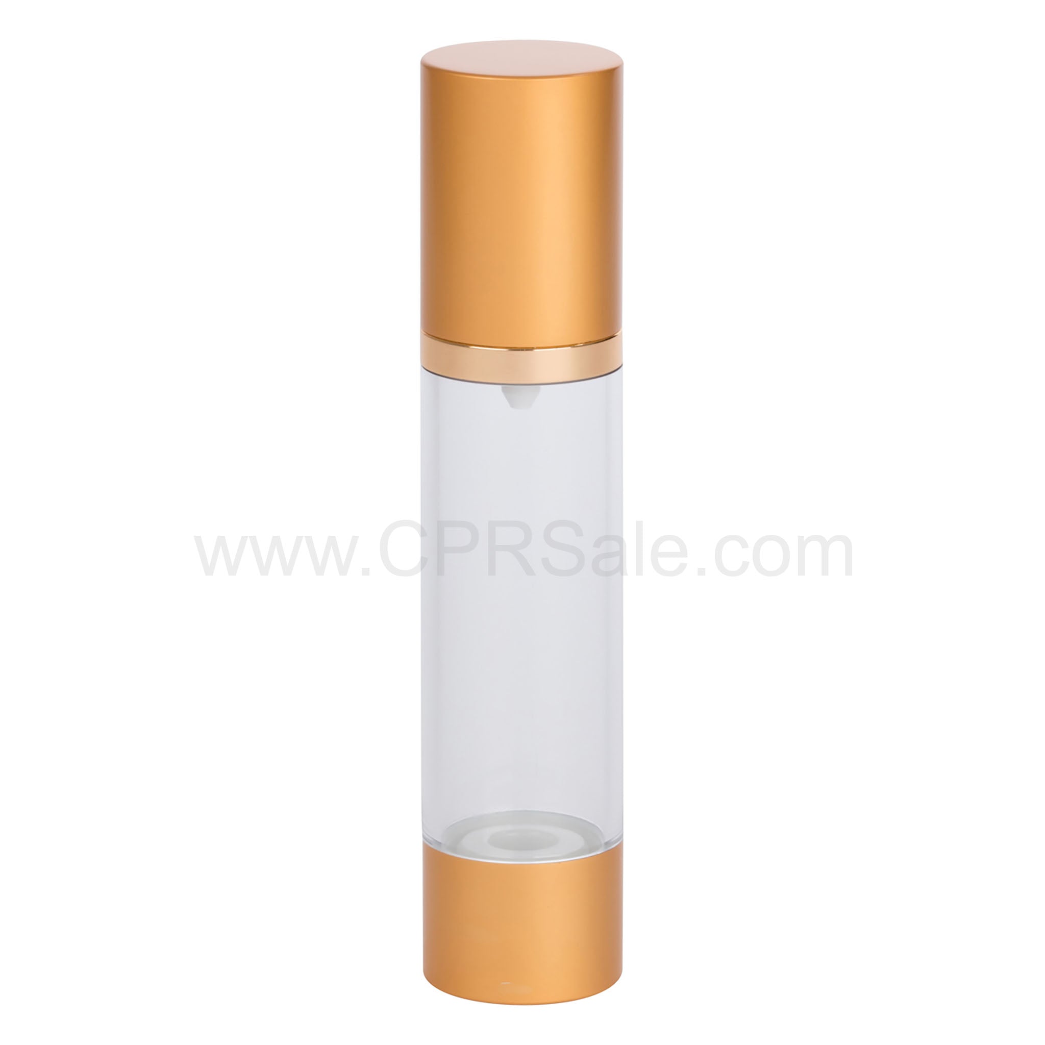 Airless Bottle, Matte Gold Cap, Shiny Gold Collar, Clear Body, 50 mL