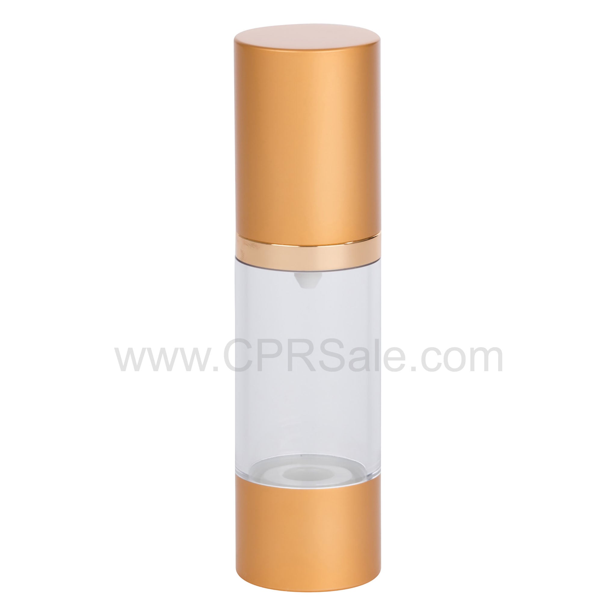 Airless Bottle, Matte Gold Cap, Shiny Gold Collar, Clear Body, 30 mL