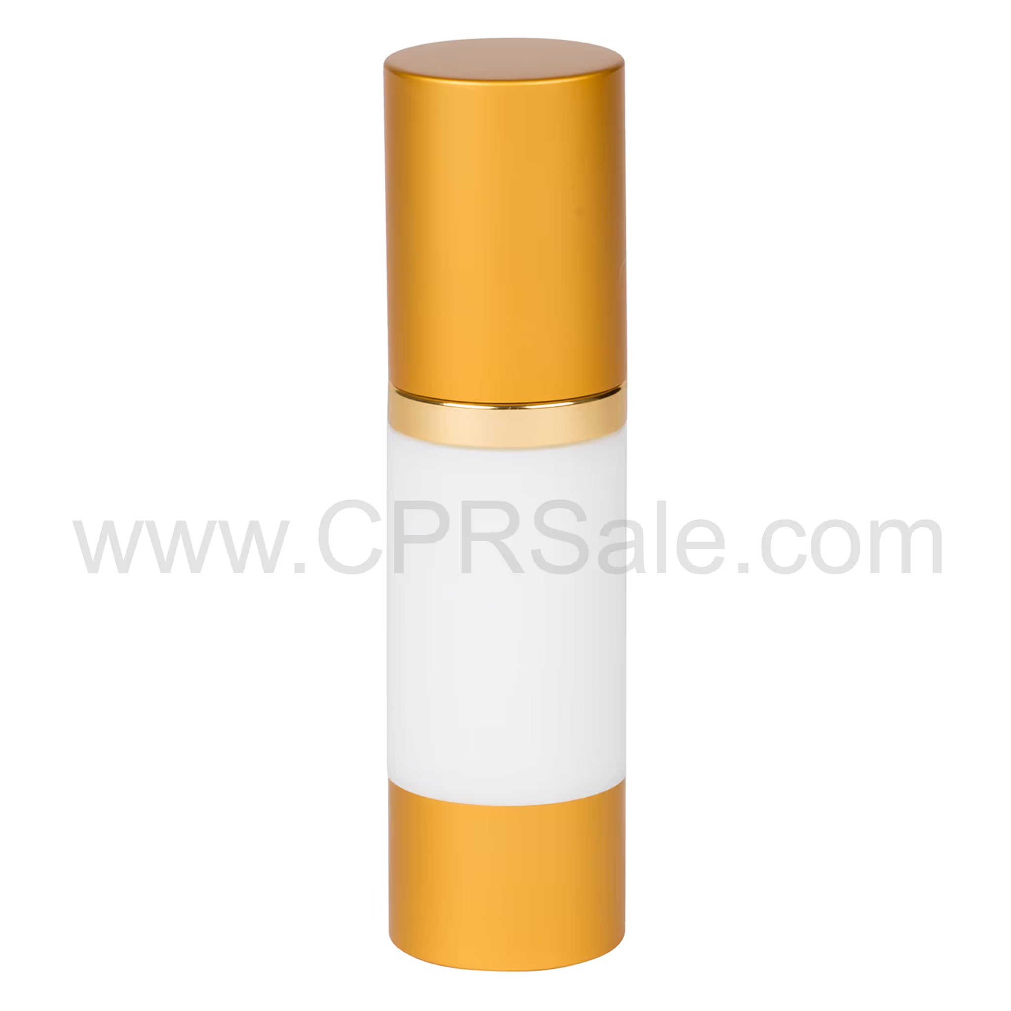 Airless Bottle, Matte Gold Cap, Shiny Gold Collar, White Body, 30 mL