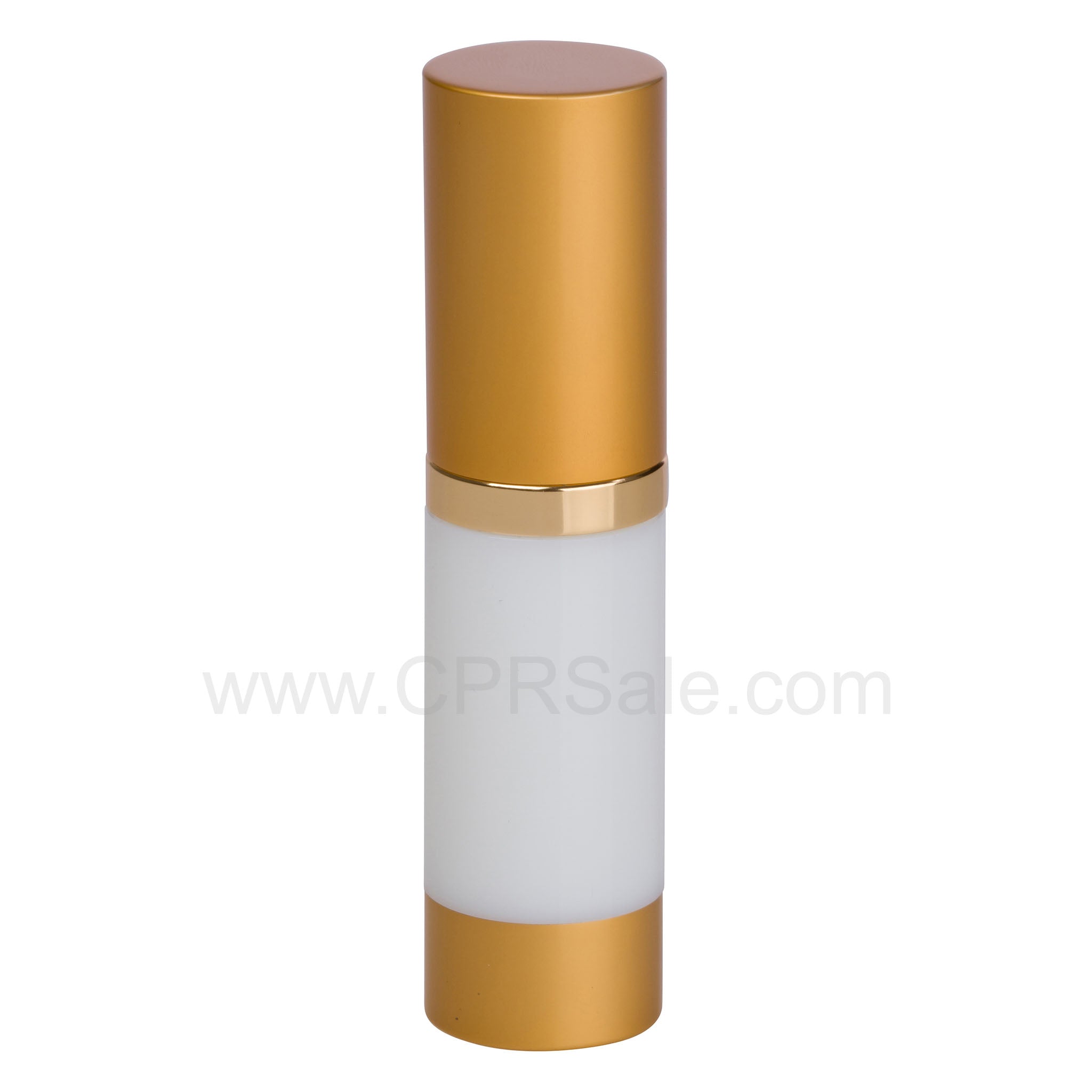 Airless Bottle, Matte Gold Cap, Shiny Gold Collar, White Body, 30 mL