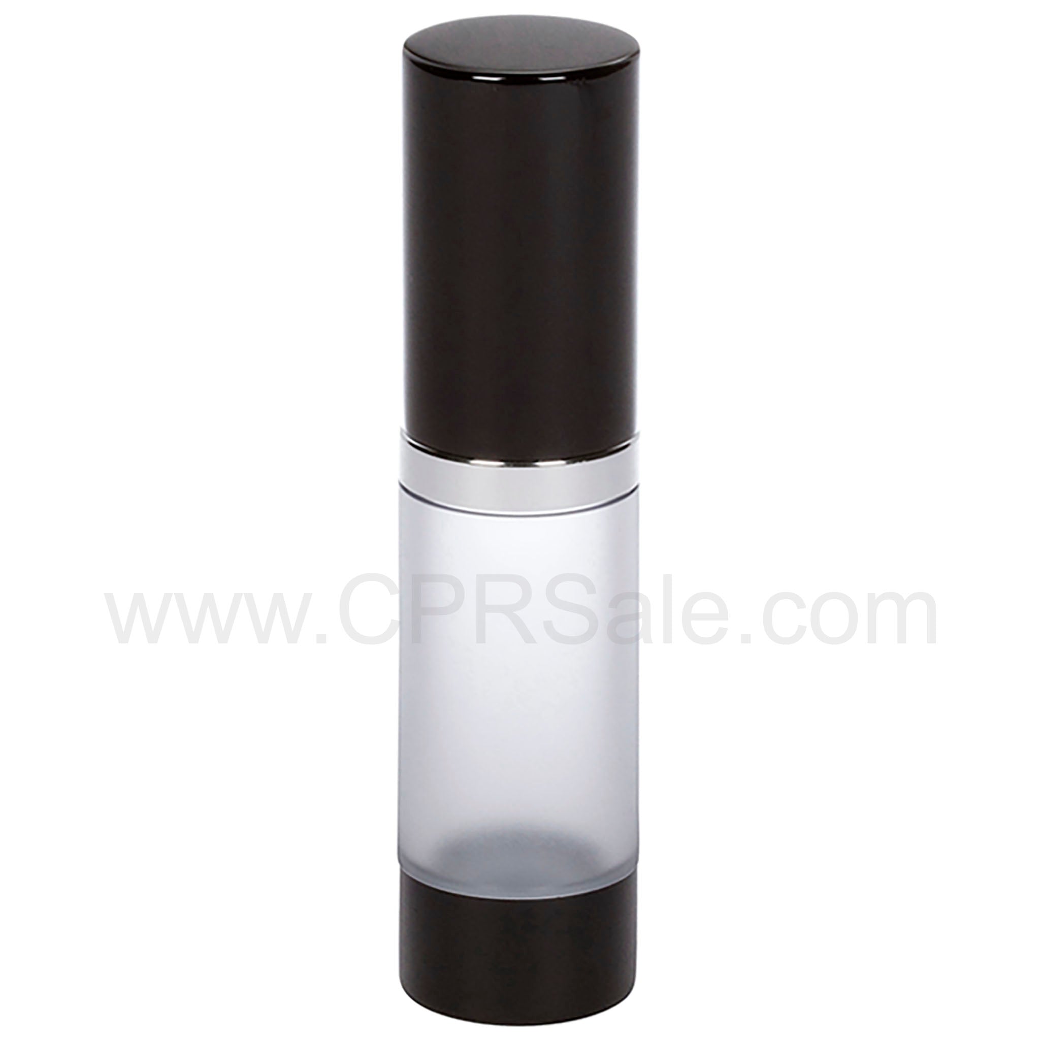 Airless Bottle, Black Cap, Shiny Silver Collar, Frosted Body, 15 mL