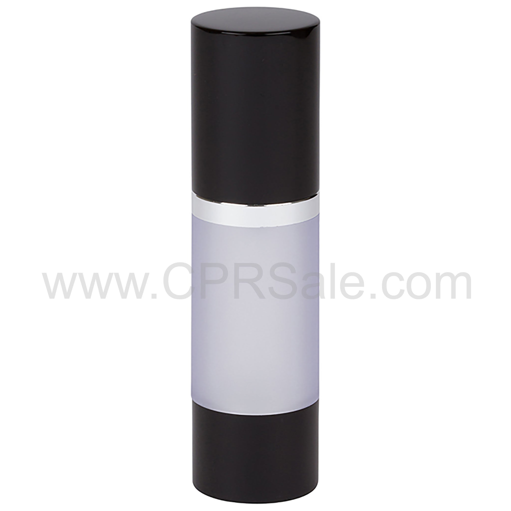 Airless Bottle, Black Cap, Shiny Silver Collar, Frosted Body, 30 mL