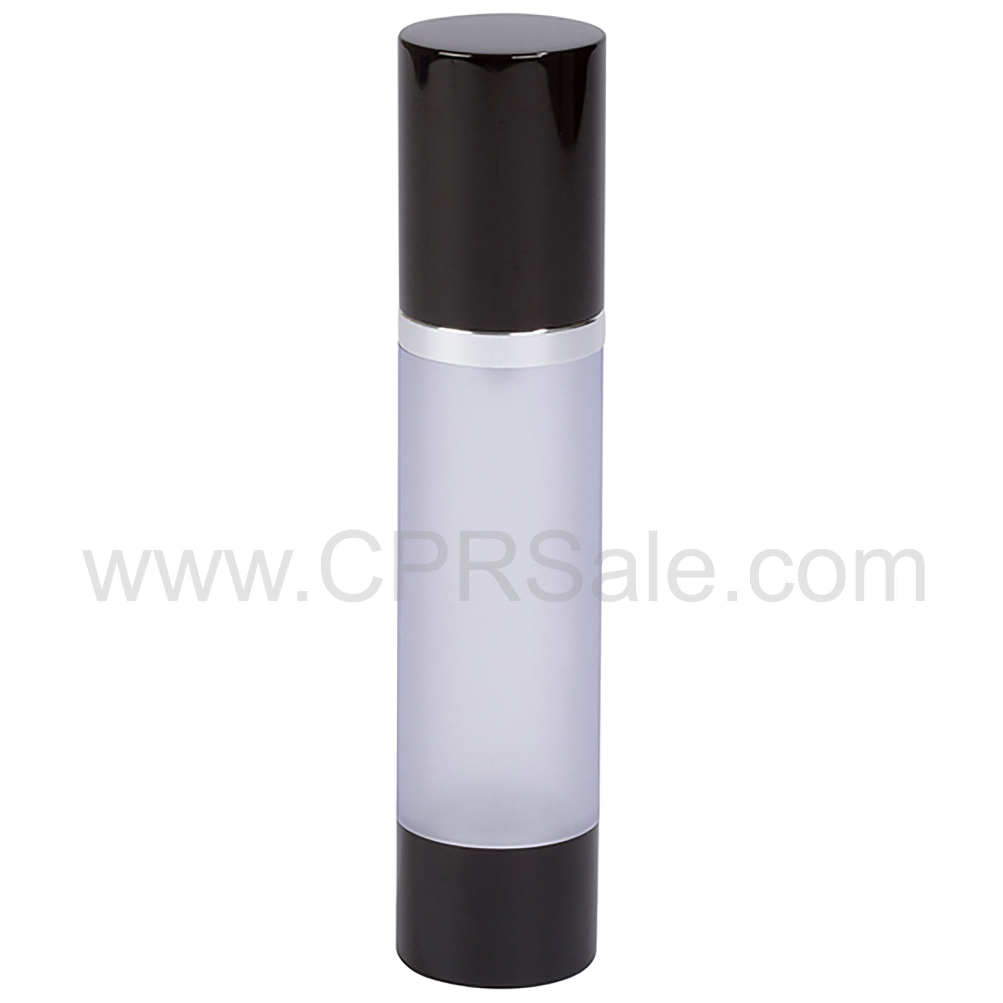 Airless Bottle, Black Cap, Shiny Silver Collar, Frosted Body, 50 mL
