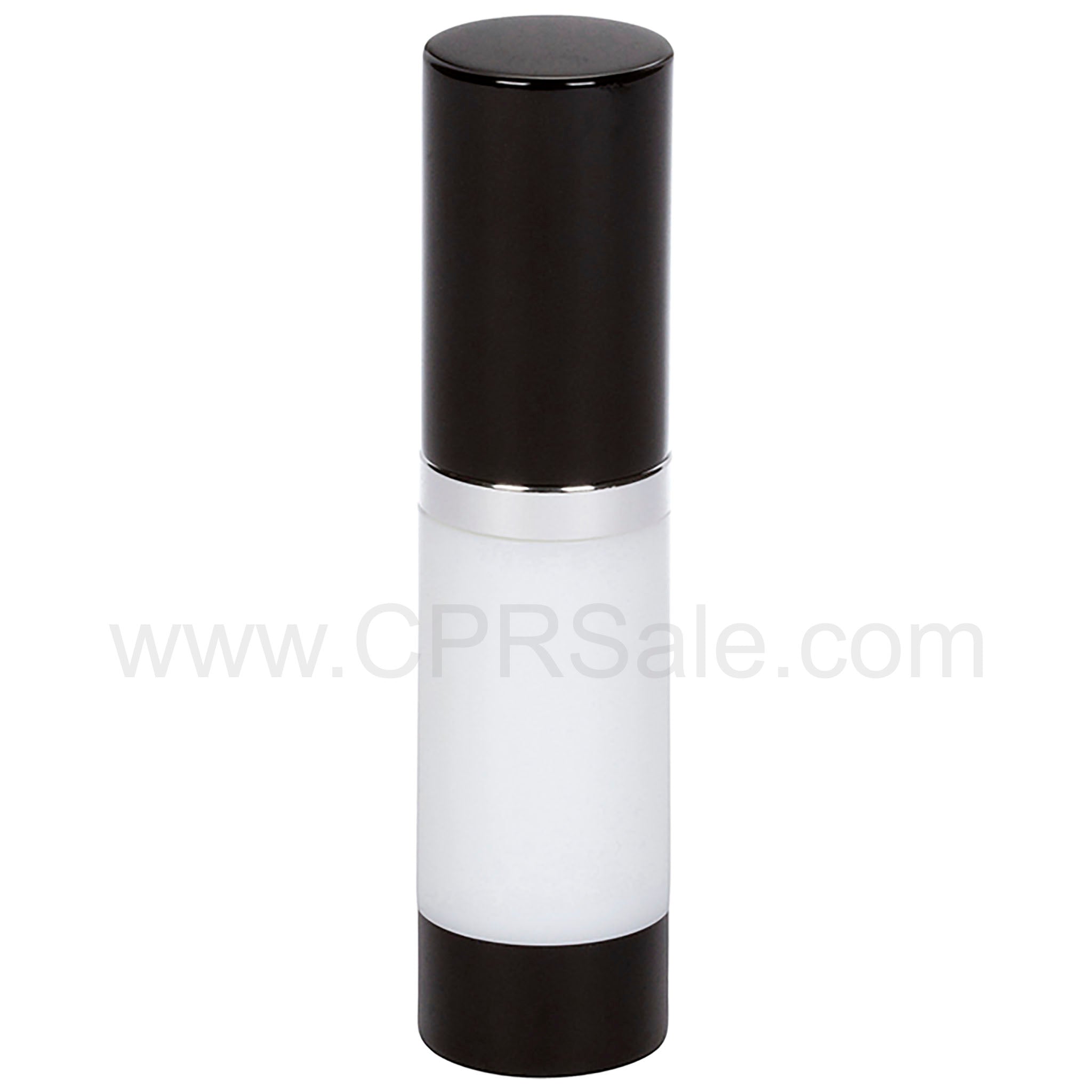 Airless Bottle, Black Cap, Shiny Silver Collar, White Body, 15 mL