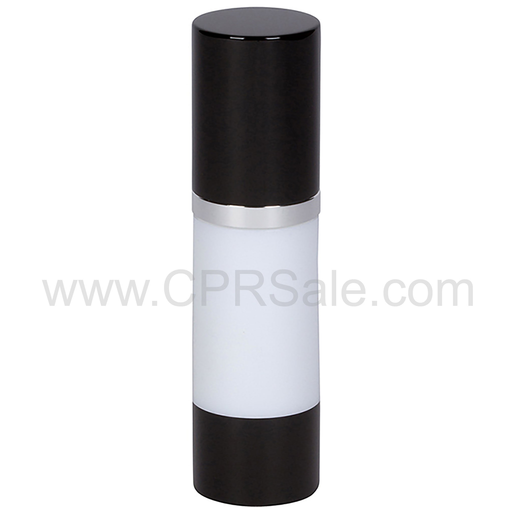 Airless Bottle, Black Cap, Shiny Silver Collar, White Body, 30 mL