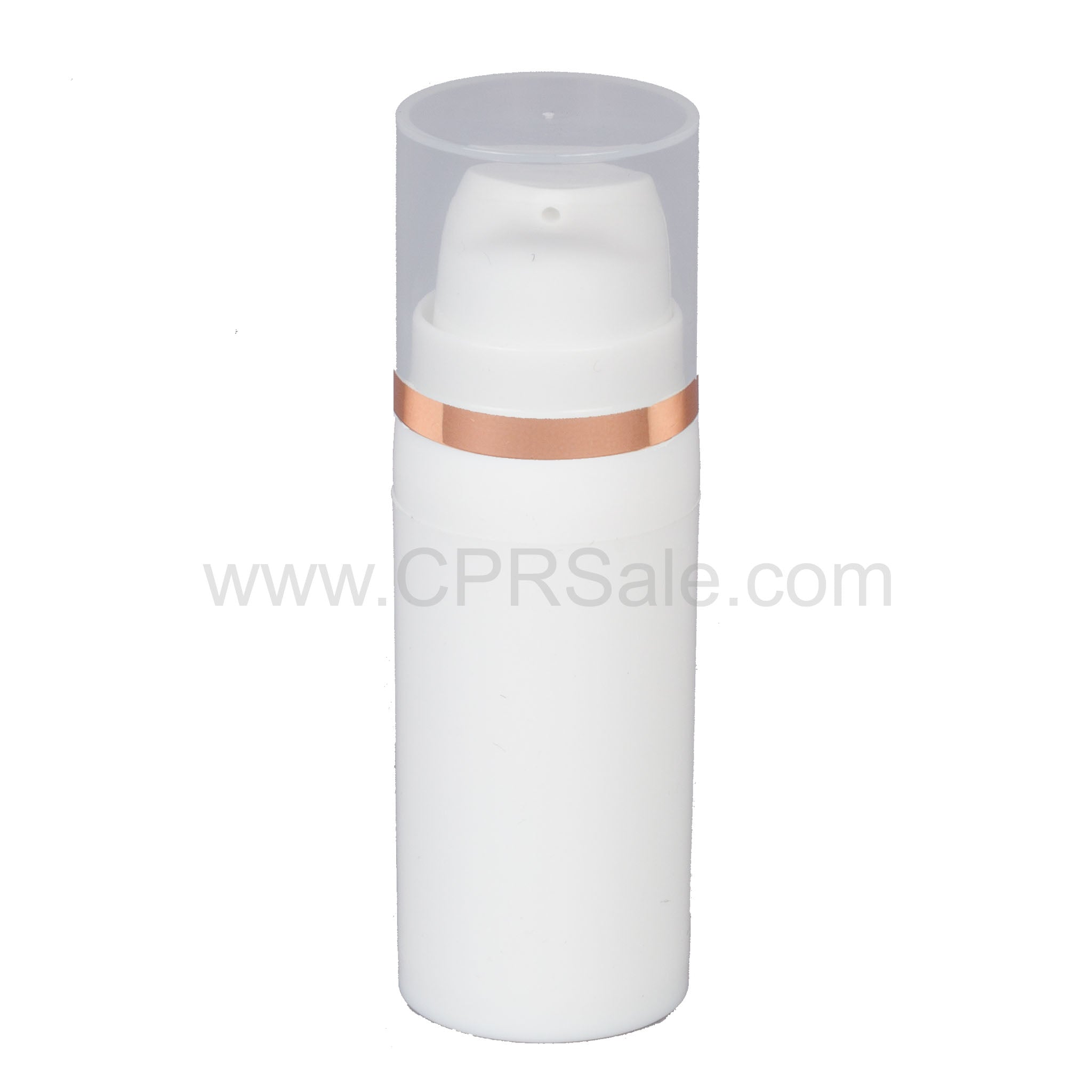 Airless Bottle, Natural Cap with Shiny Rose Gold Band, White Pump, White Body, 10 mL