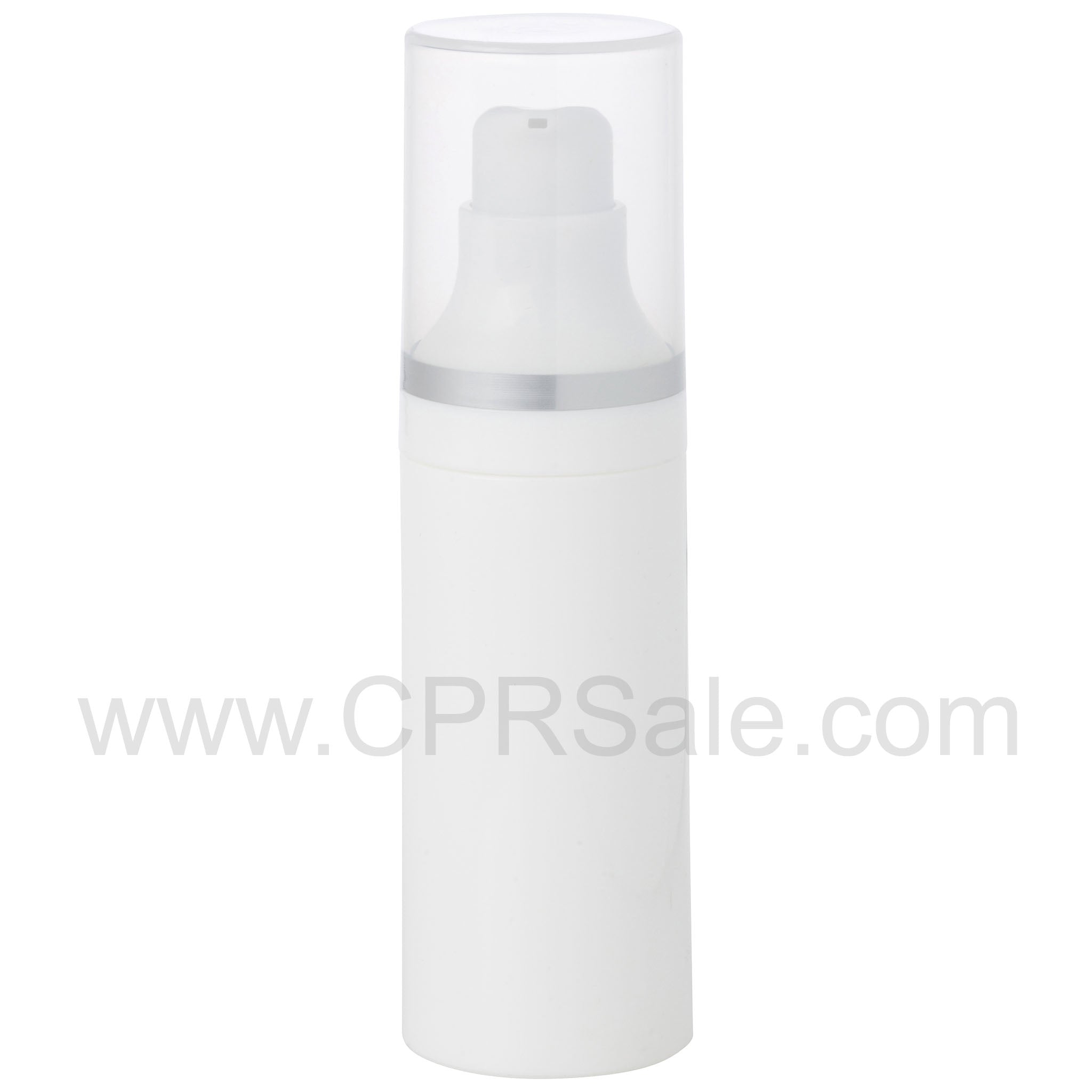 Airless Bottle, Natural Cap with Matte Silver Band, White Pump, White Body, 30mL