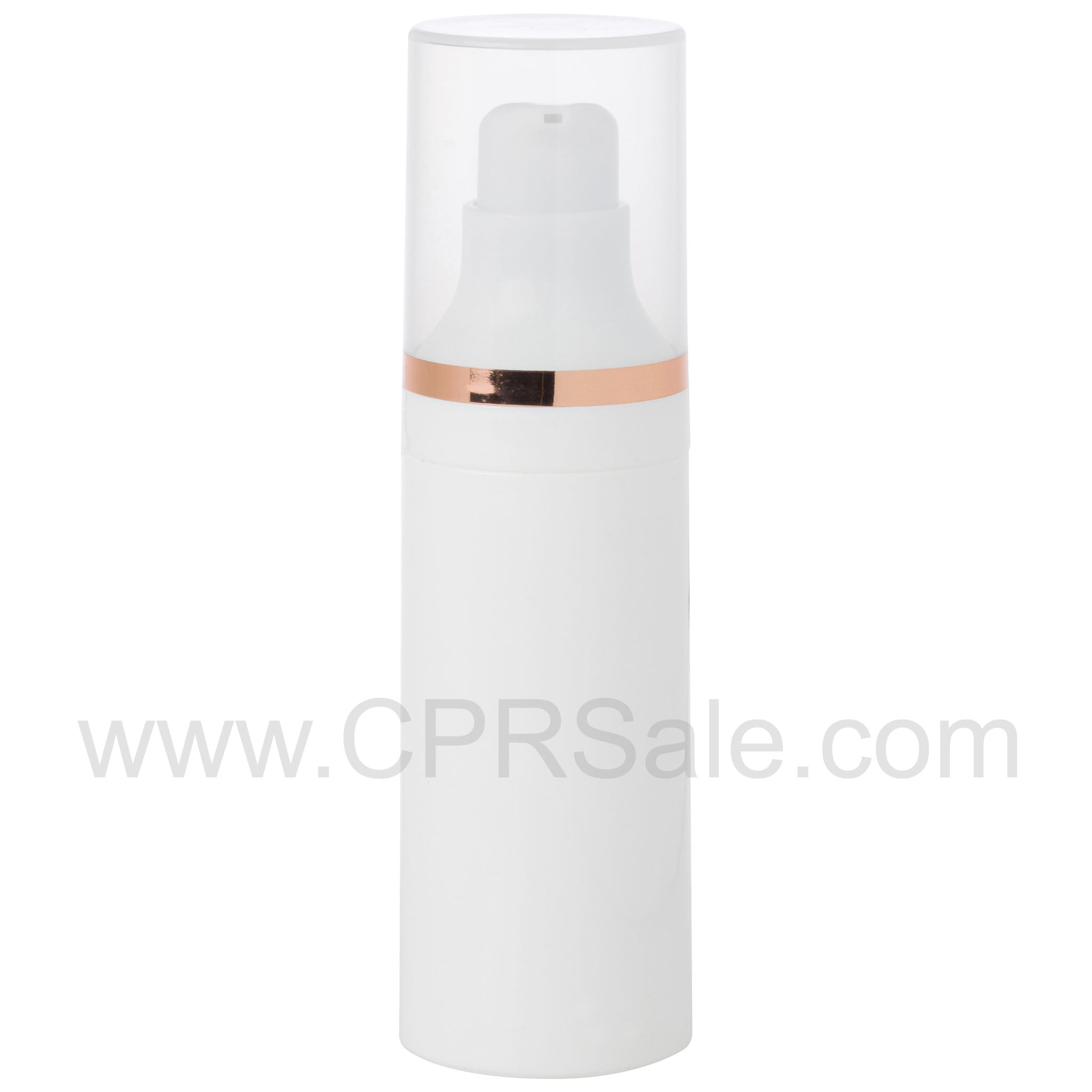 Airless Bottle, Natural Cap with Shiny Rose Gold Band, White Pump, White Body, 30 mL