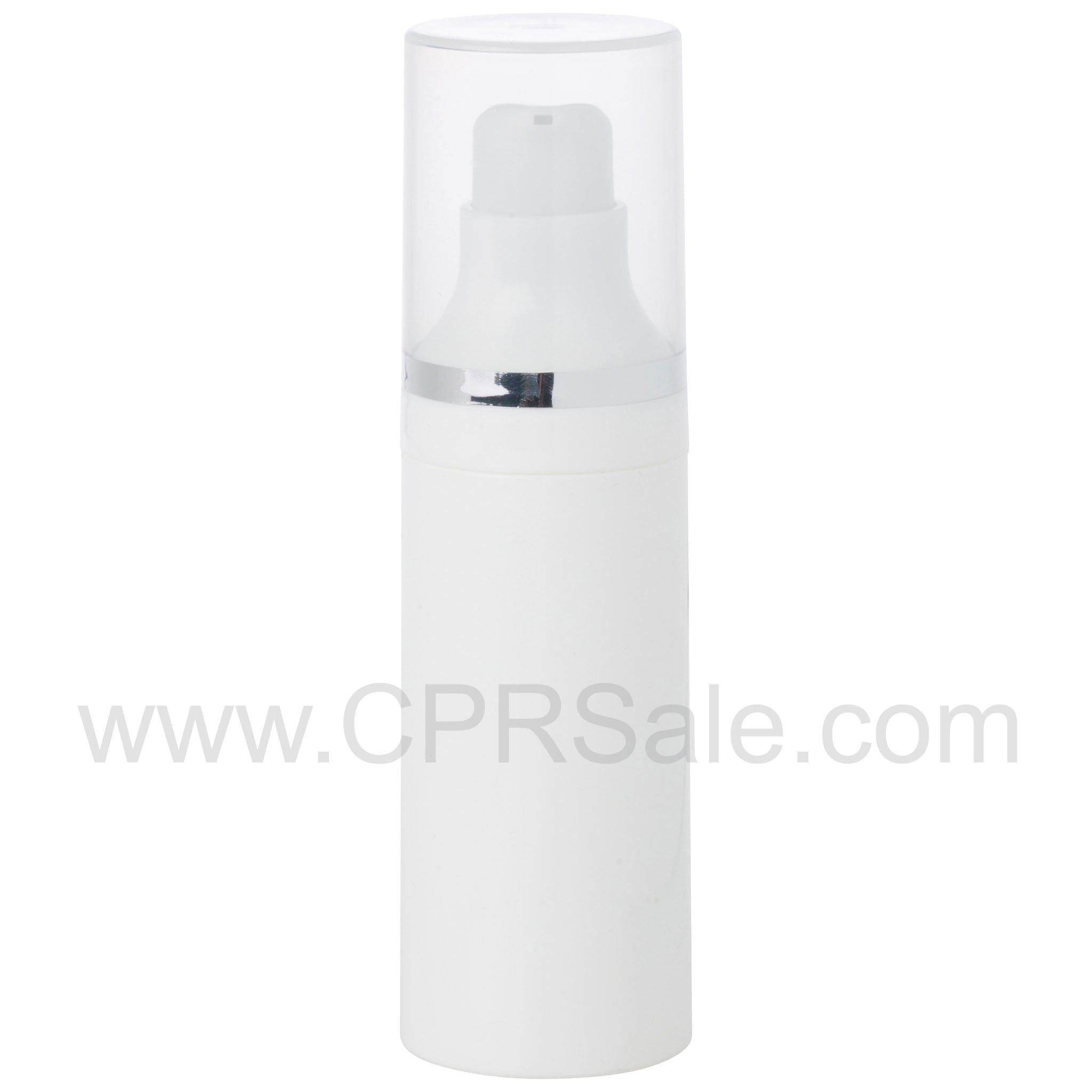 Airless Bottle, Natural Cap with Shiny Silver Band, White Pump, White Body, 30mL