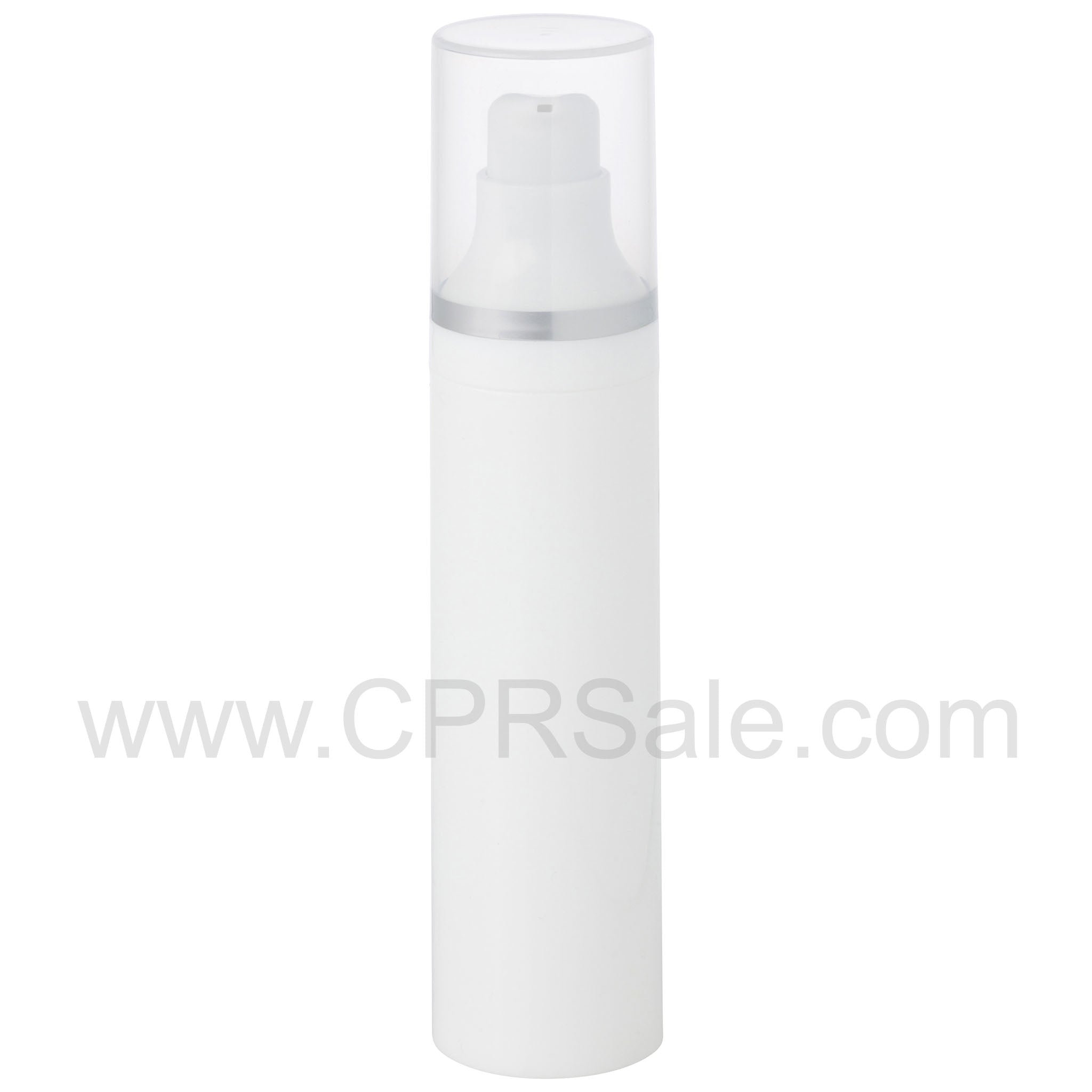 Airless Bottle, Natural Cap with Matte Silver Band, White Pump, White Body, 50mL