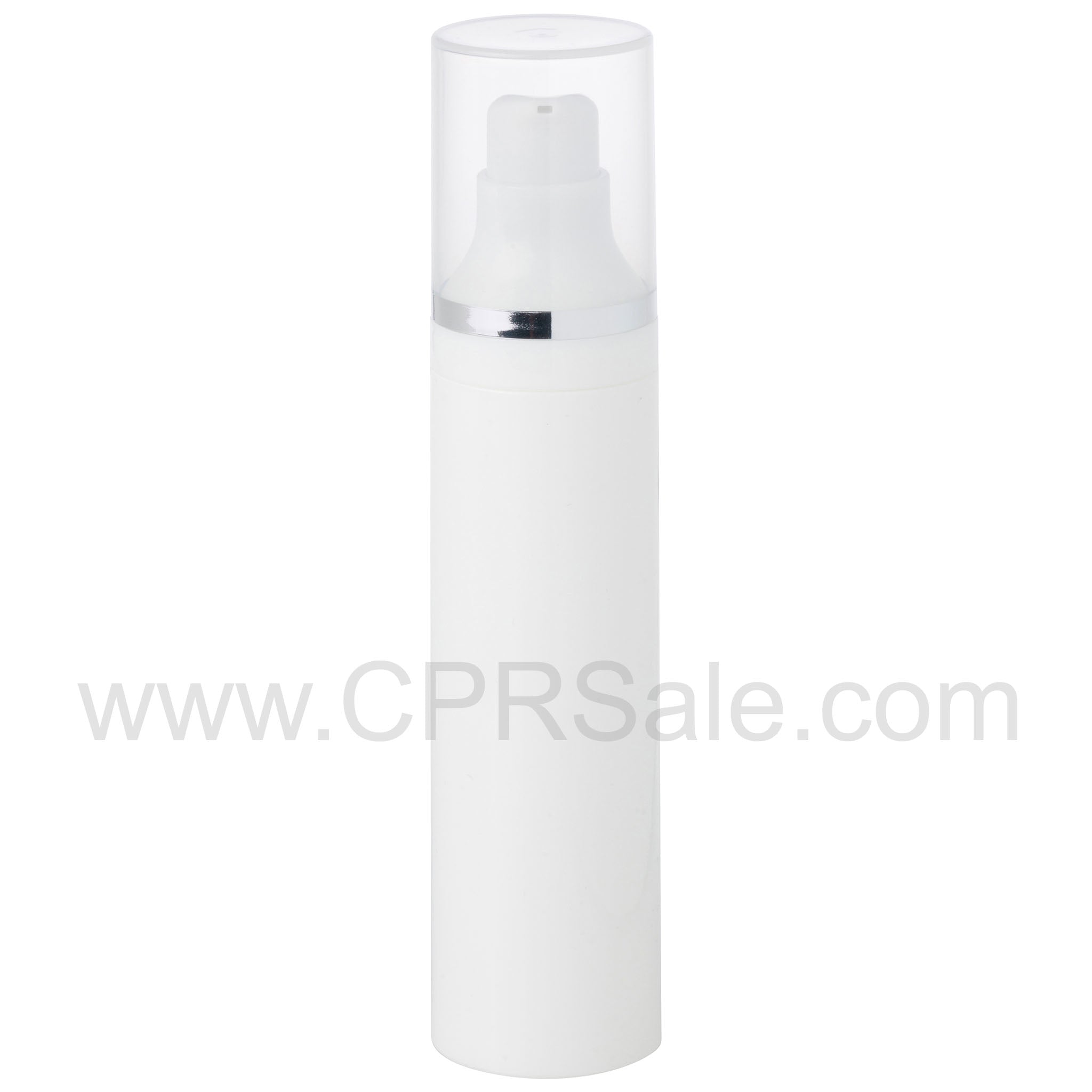 Airless Bottle, Natural Cap with Shiny Silver Band, White Pump, White Body, 50mL