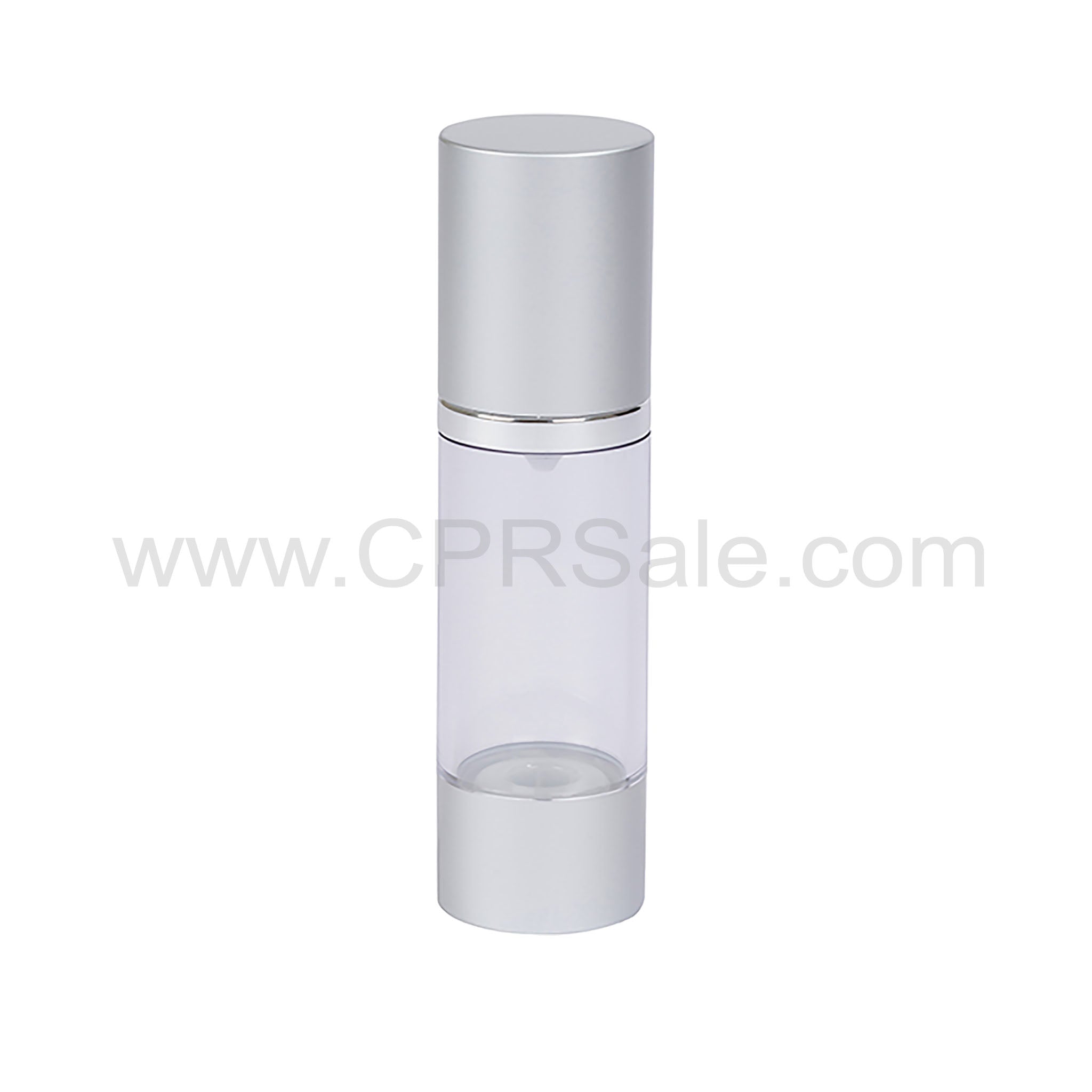 Airless Bottle, Matte Silver Cap, Shiny Silver Collar, Clear Body, 15 mL