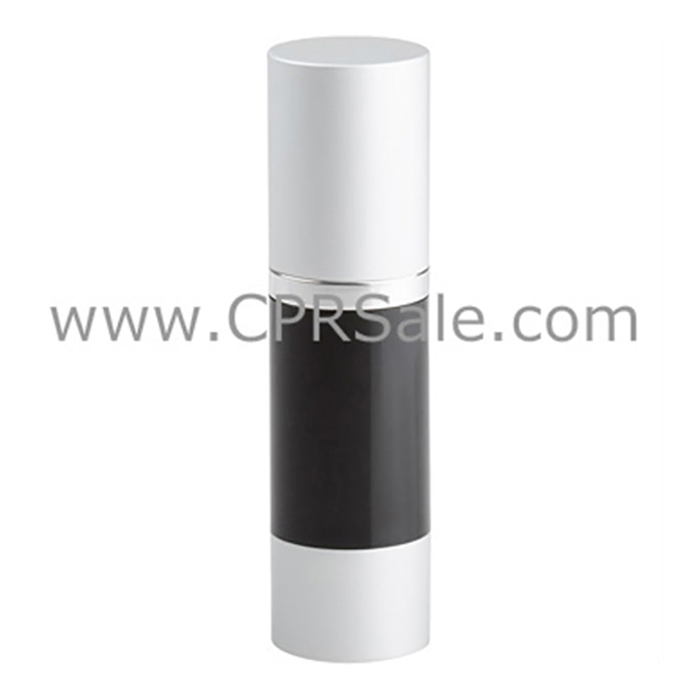 Airless Bottle, Matte Silver Cap, Shiny Silver Collar, Black Body, 30 mL