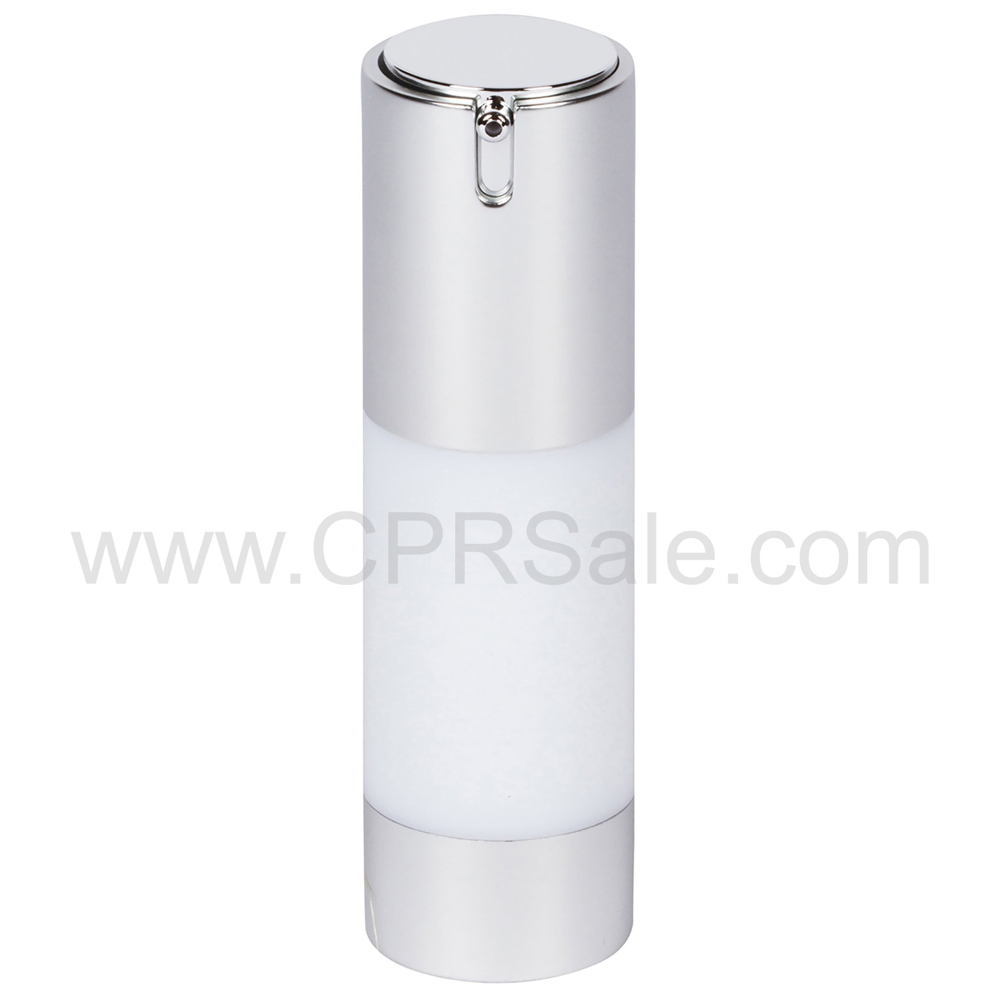 Airless Bottle, Matte Silver Collar, Shiny Silver Actuator, White Body, 30 mL
