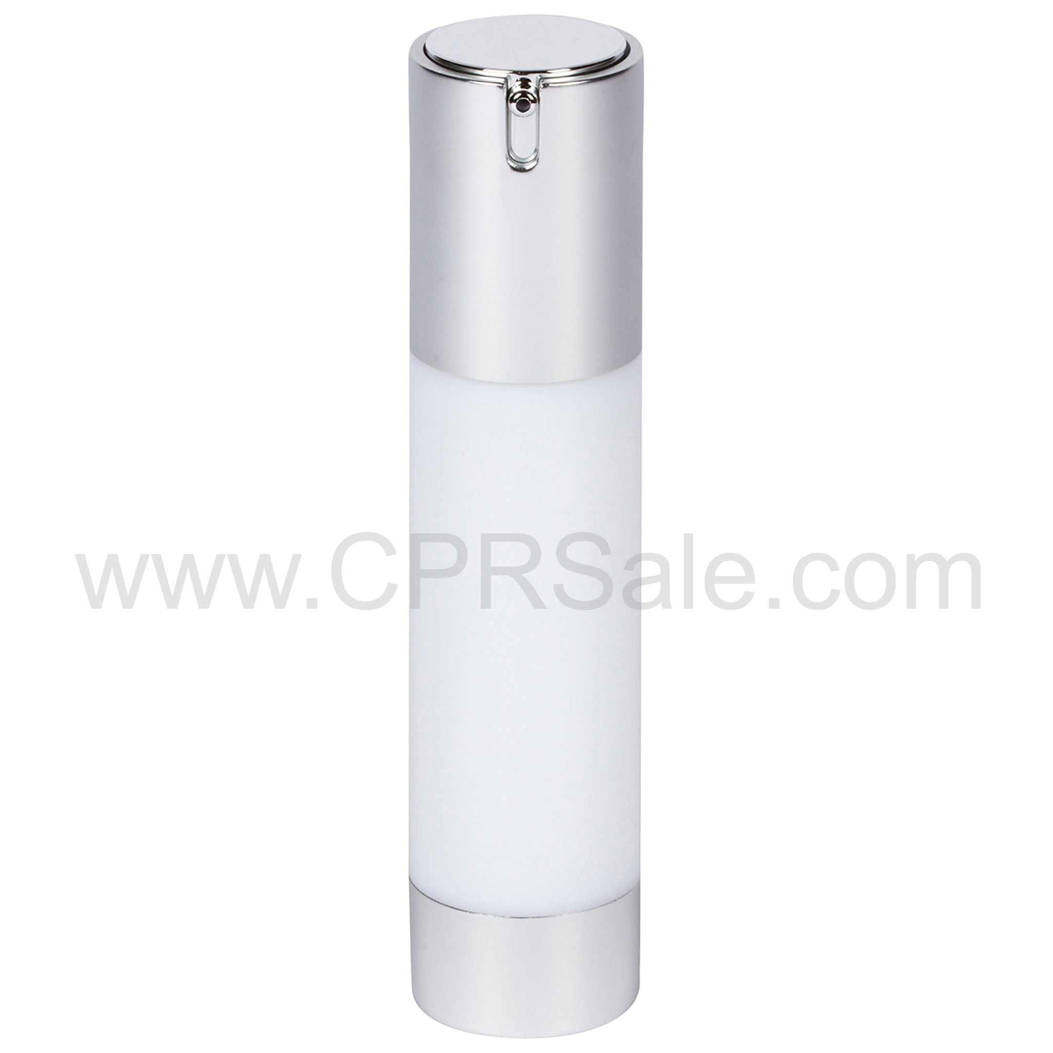 Airless Bottle, Matte Silver Collar, Shiny Silver Actuator, White Body, 50 mL