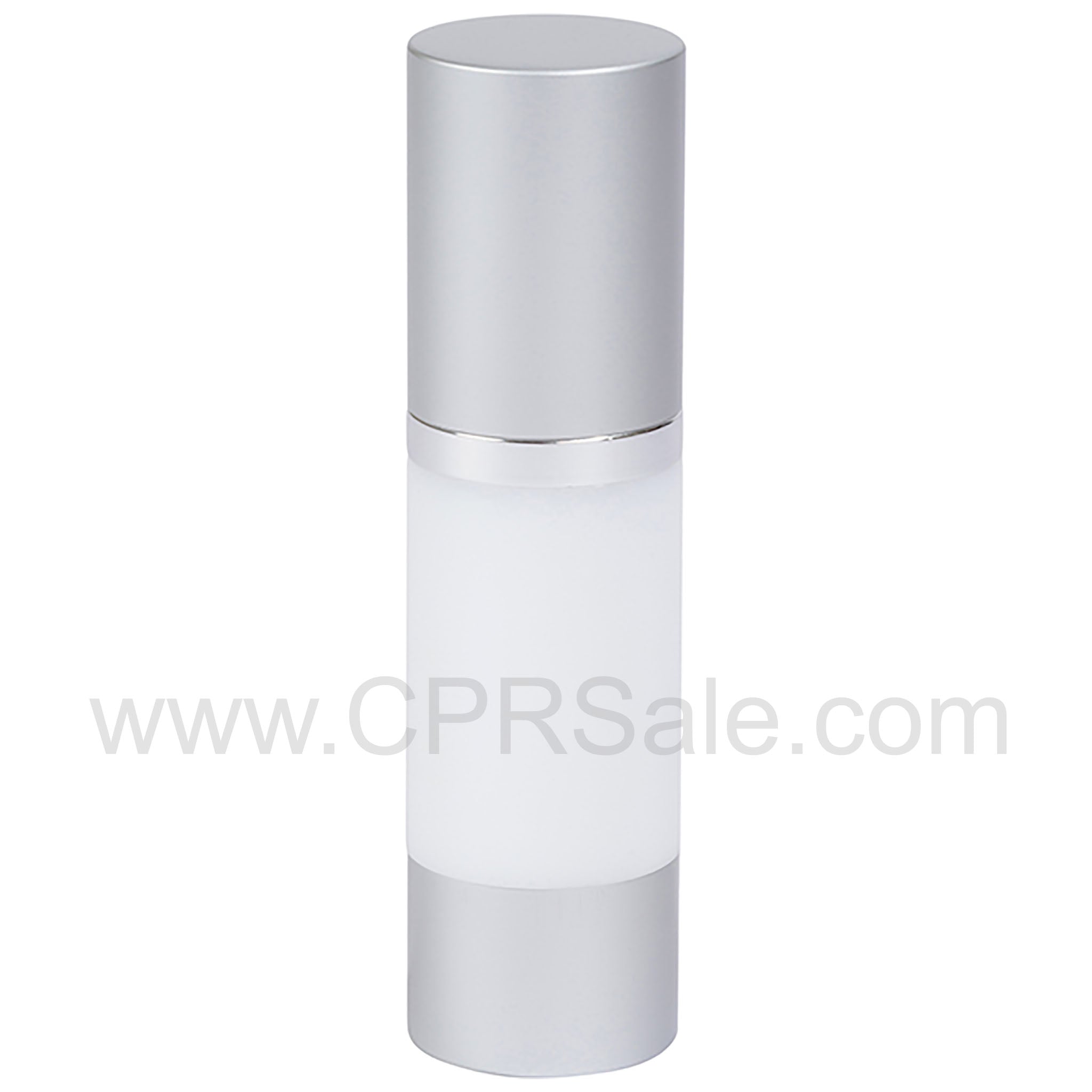 Airless Bottle, Matte Silver Cap, Shiny Silver Collar, White Body, 30 mL