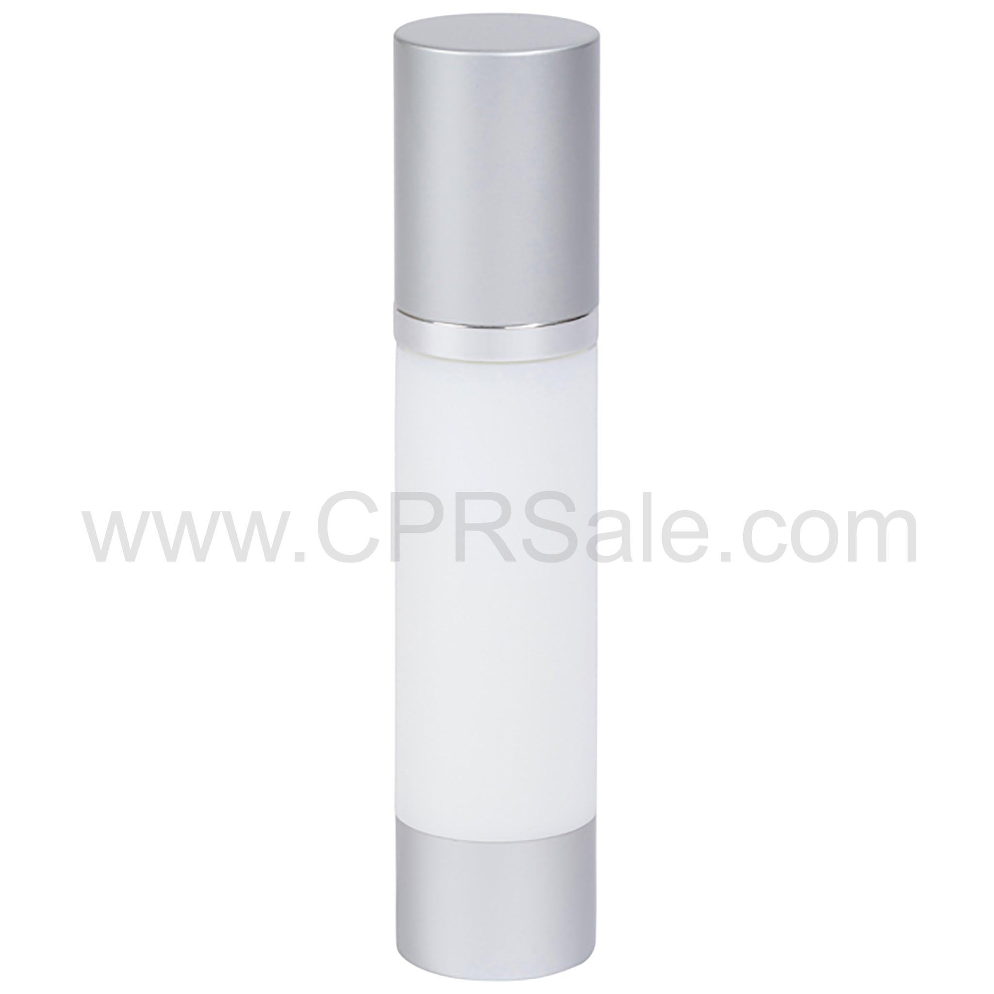 Airless Bottle, Matte Silver Cap, Shiny Silver Collar, White Body, 50 mL