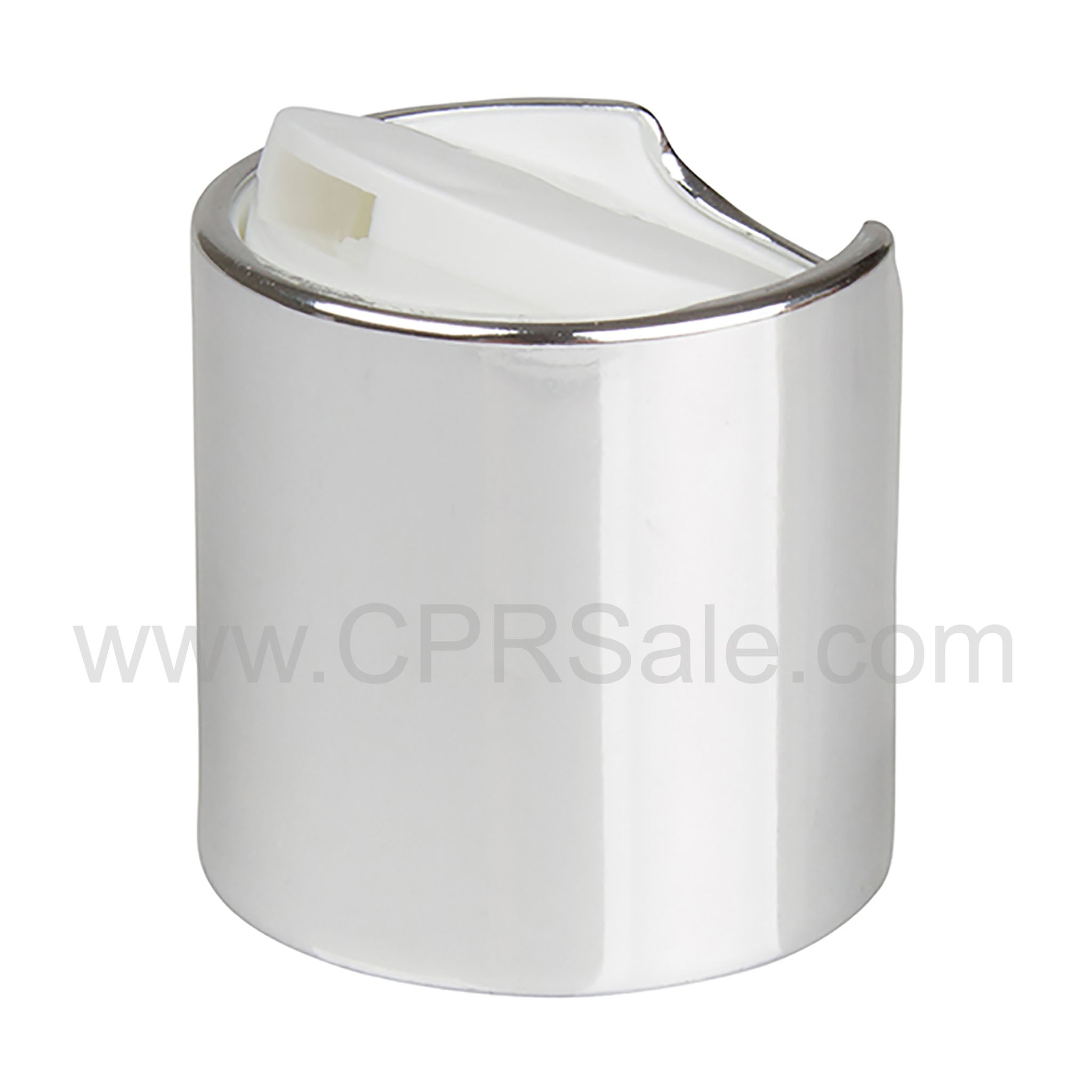 Cap, 24/410, Disc Cap, Shiny Silver Collar with White Press Top