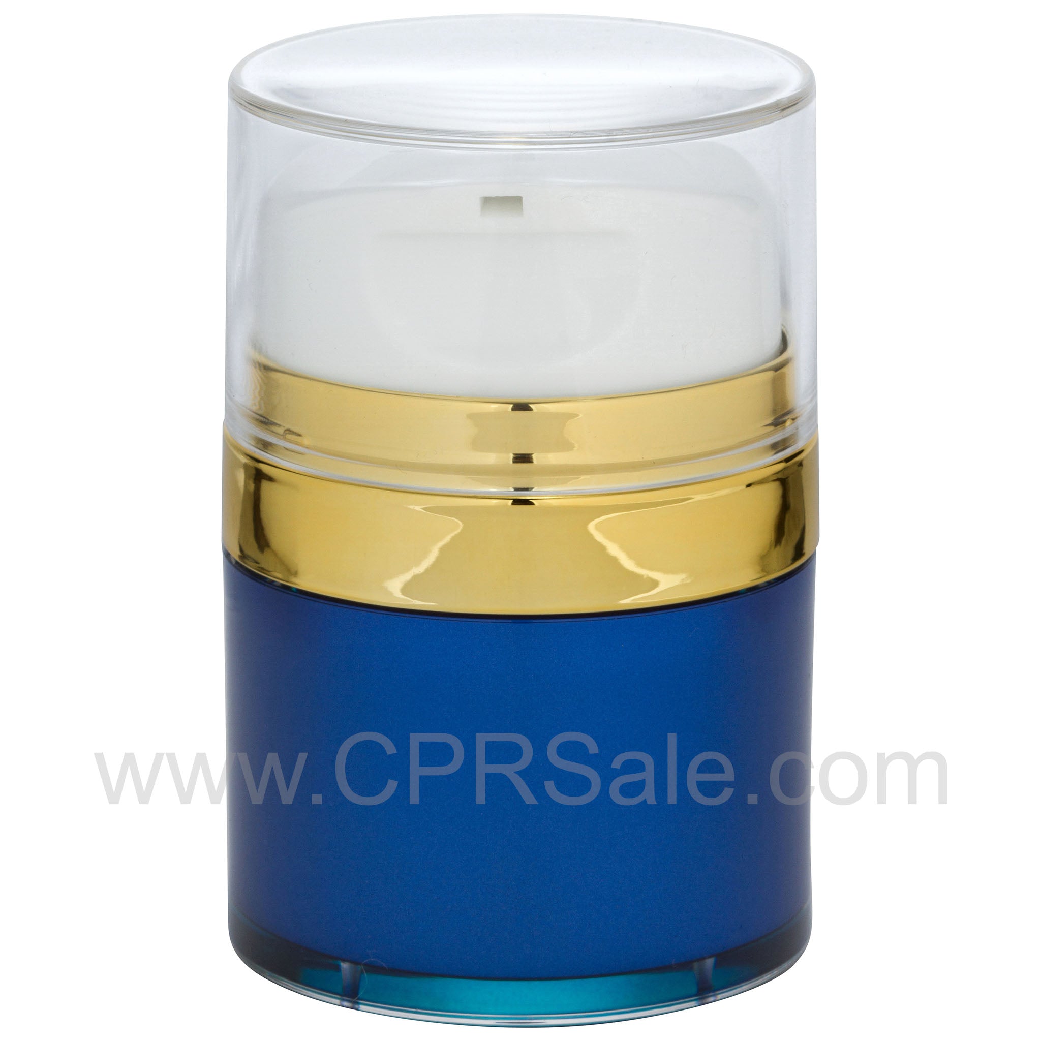 Airless Jar, Clear Cap, Tall White Pump, Shiny Gold Collar, Blue Body, PP Inner Cup, 30 mL