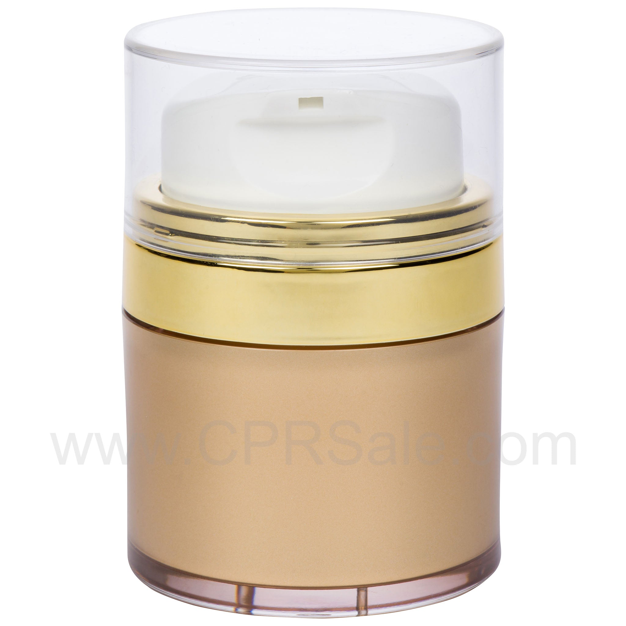 Airless Jar, Clear Cap, Tall White Pump, Shiny Gold Collar, Gold Body, 50 mL