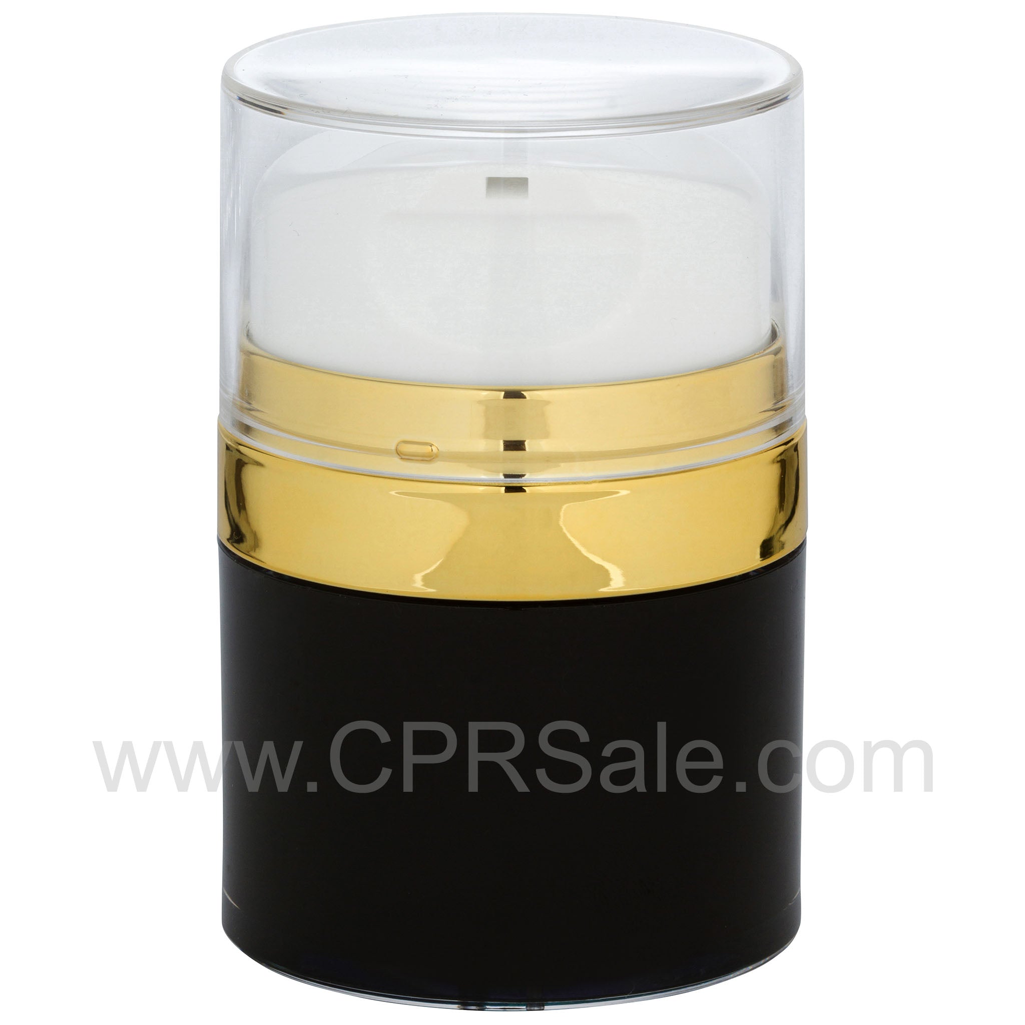 Airless Jar, Clear Cap, Tall White Pump, Shiny Gold Collar, Black Body, PP Inner Cup, 30 mL