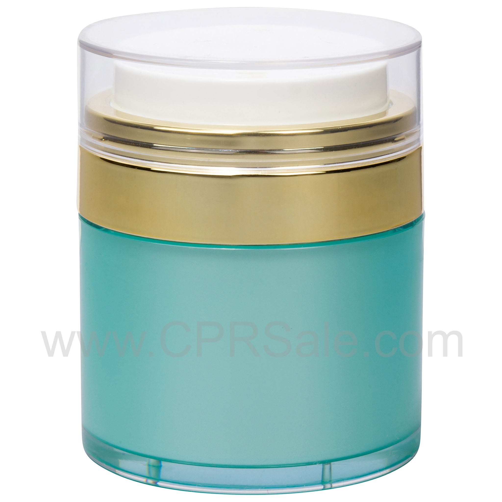 Airless Jar, Clear Cap, Shiny Gold Collar, Teal Blue Bodywith PP Inner Cup, 50 mL