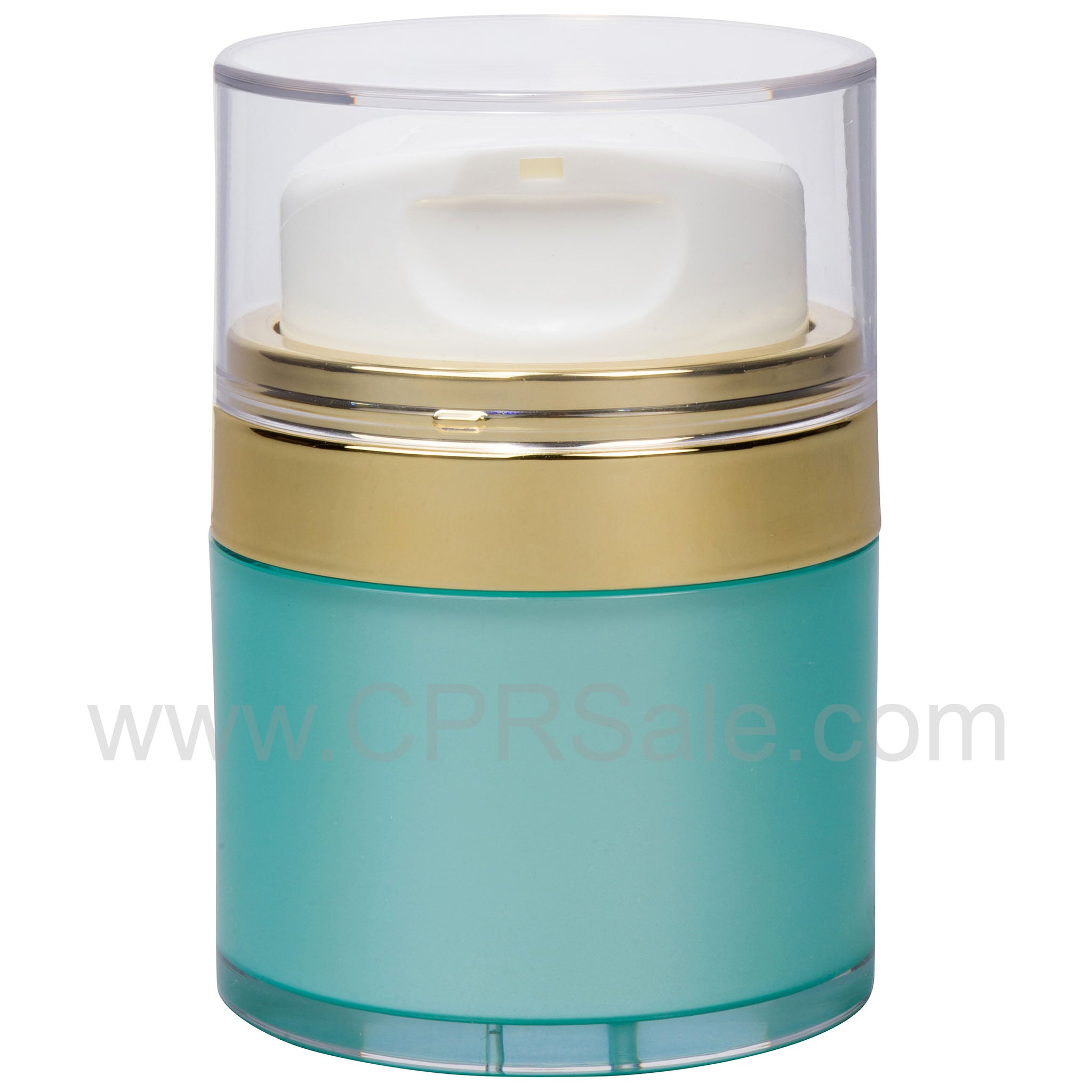 Airless Jar, Clear Cap, Tall White Pump, Shiny Gold Collar, Teal Blue Body, 30 mL
