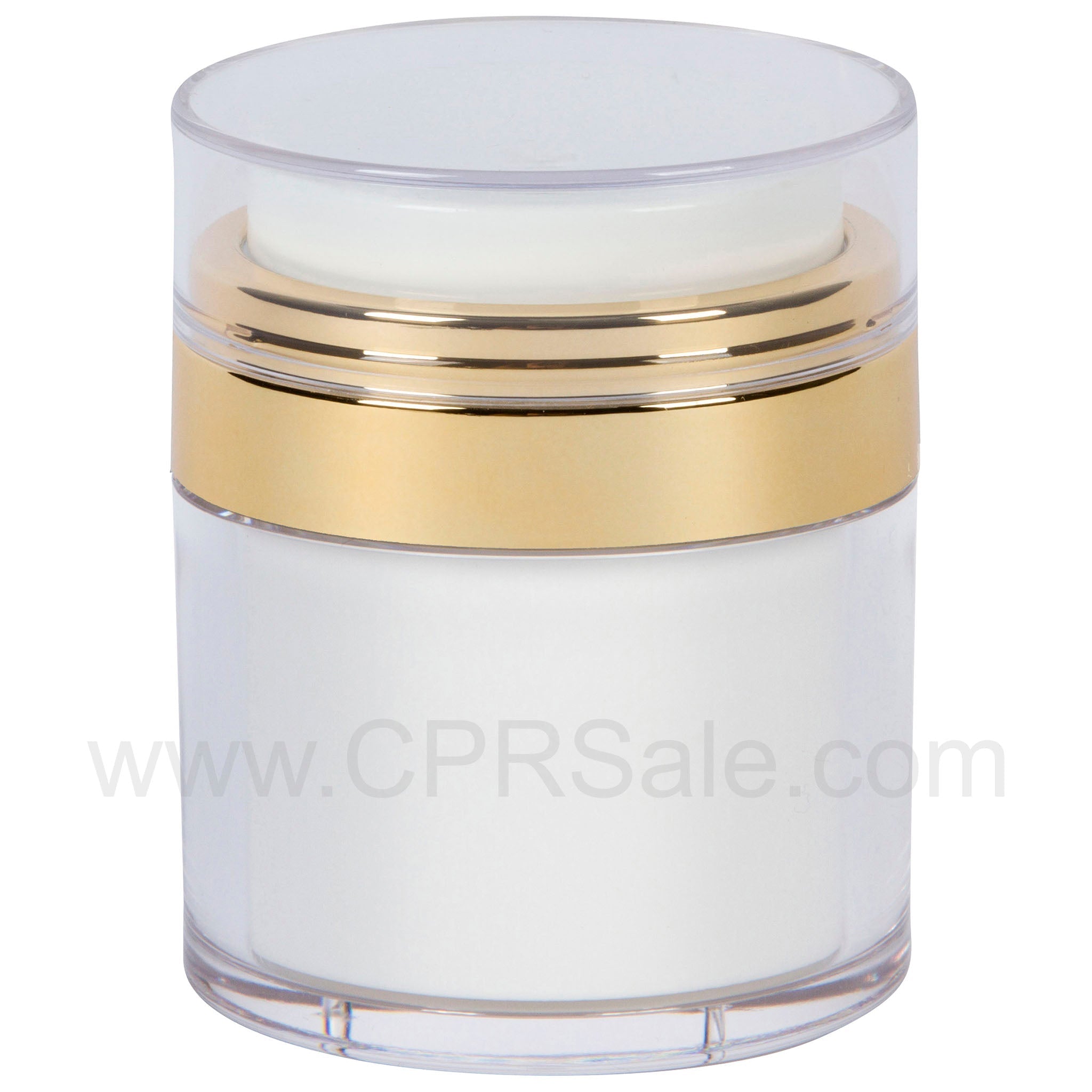 Airless Jar, Clear Cap, Shiny Gold Collar, PP Inner Cup, 50 mL