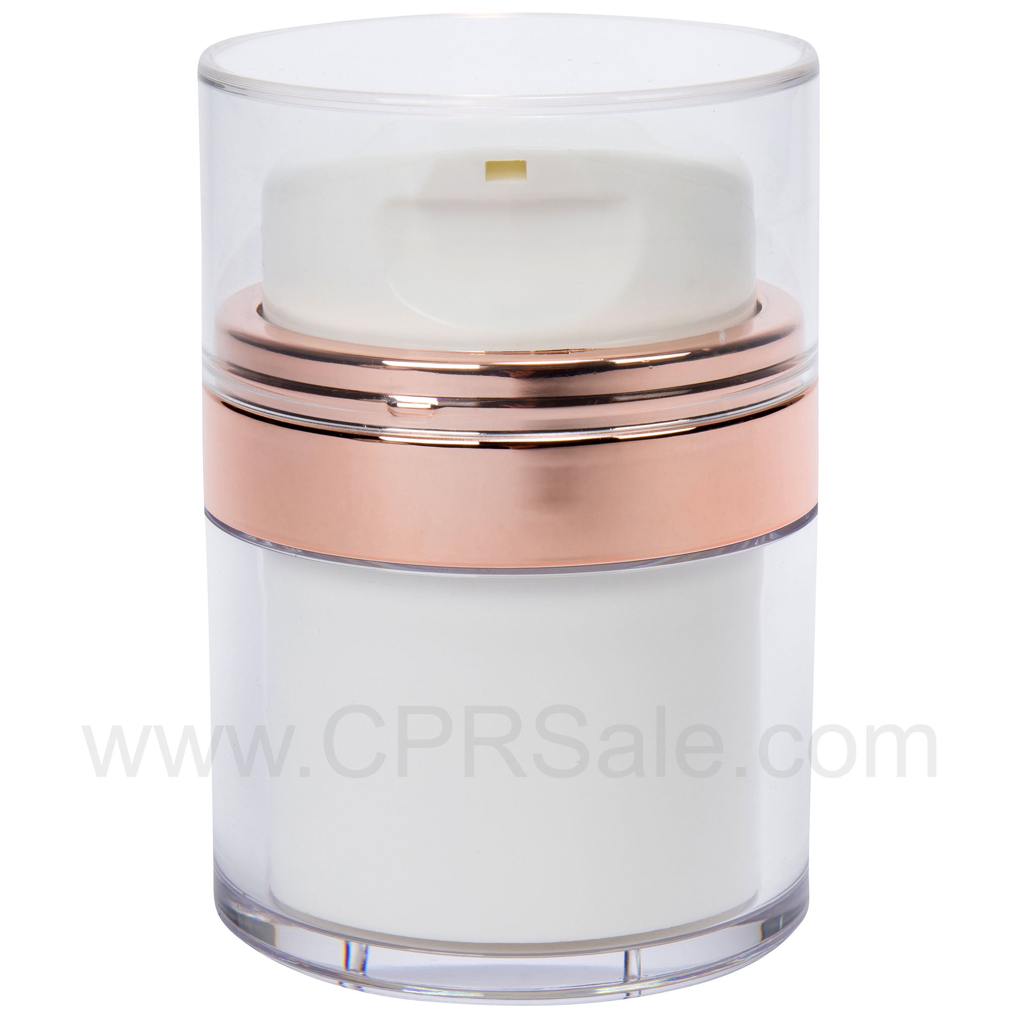 Airless Jar, Clear Cap, with Tall White Pump, Shiny Rose Gold Collar, PP Inner Cup, 15 mL