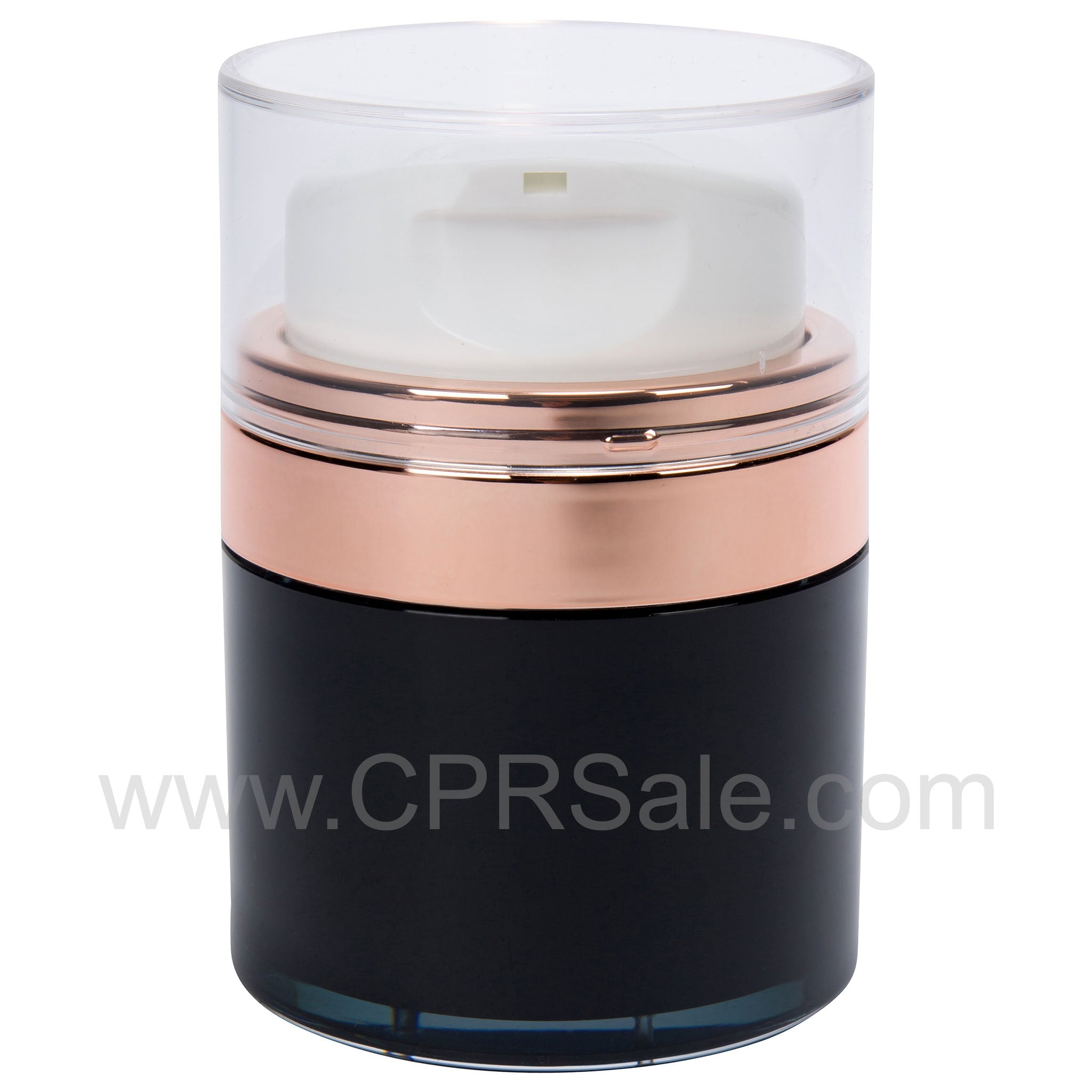 Airless Jar, Clear Cap, Tall White Pump, Rose Gold Collar, Black Body, PP Inner Cup, 30 mL