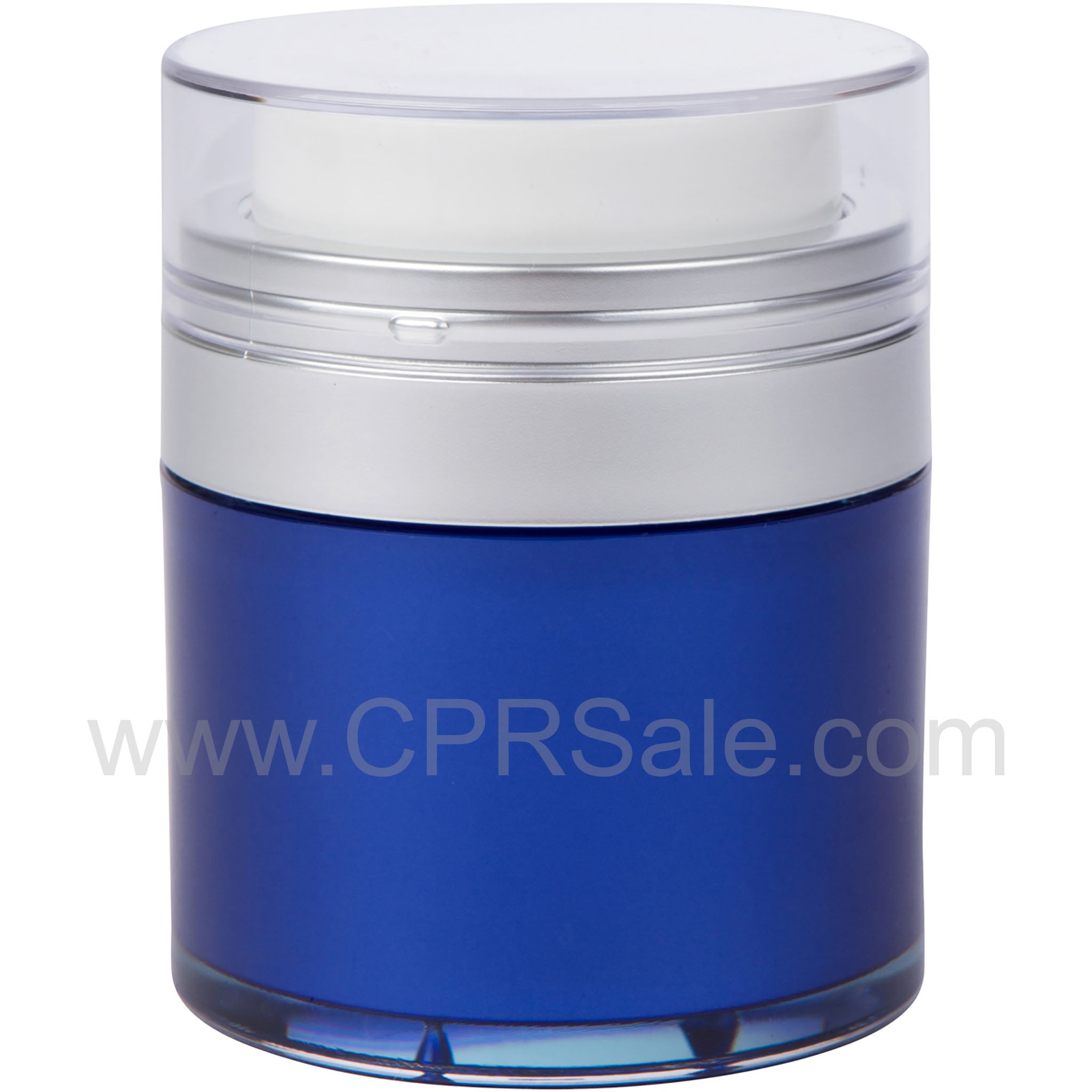 Airless Jar, Clear Cap, Matte Silver Collar, Blue Body, PP Inner Cup, 50 mL