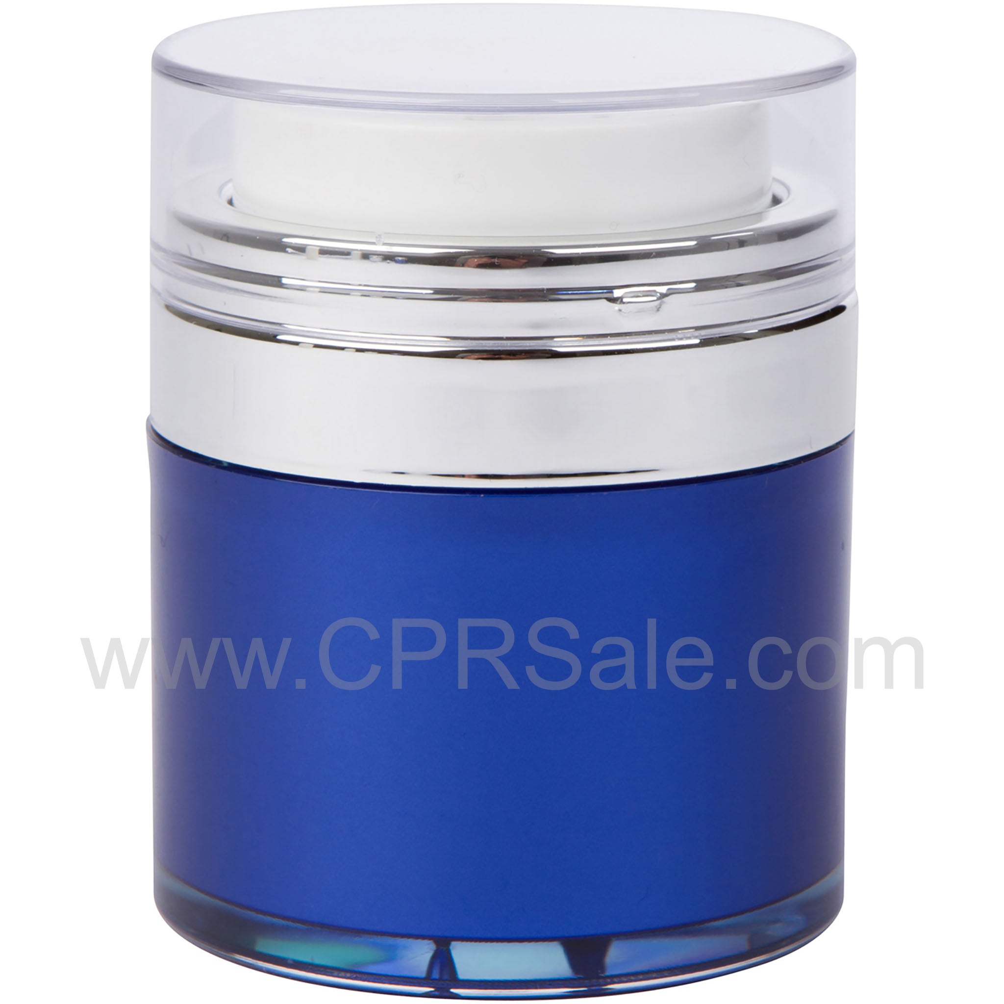 Airless Jar, Clear Cap, Shiny Silver Collar, Blue Body, PP Inner Cup, 30 mL