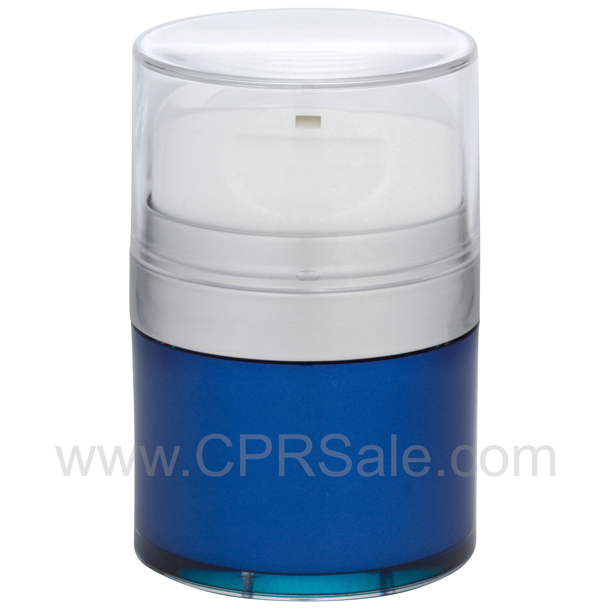 Airless Jar, Clear Cap, Tall White Pump, Matte Silver Collar, Blue Body, PP Inner Cup, 50 mL