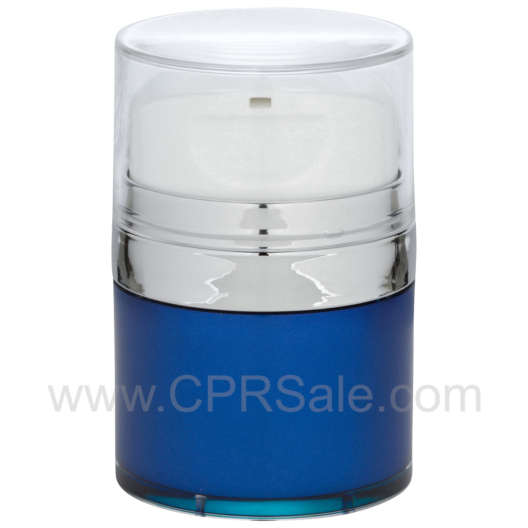 Airless Jar, Clear Cap, Tall White Pump, Shiny Silver Collar, Blue Body, PP Inner Cup, 30 mL